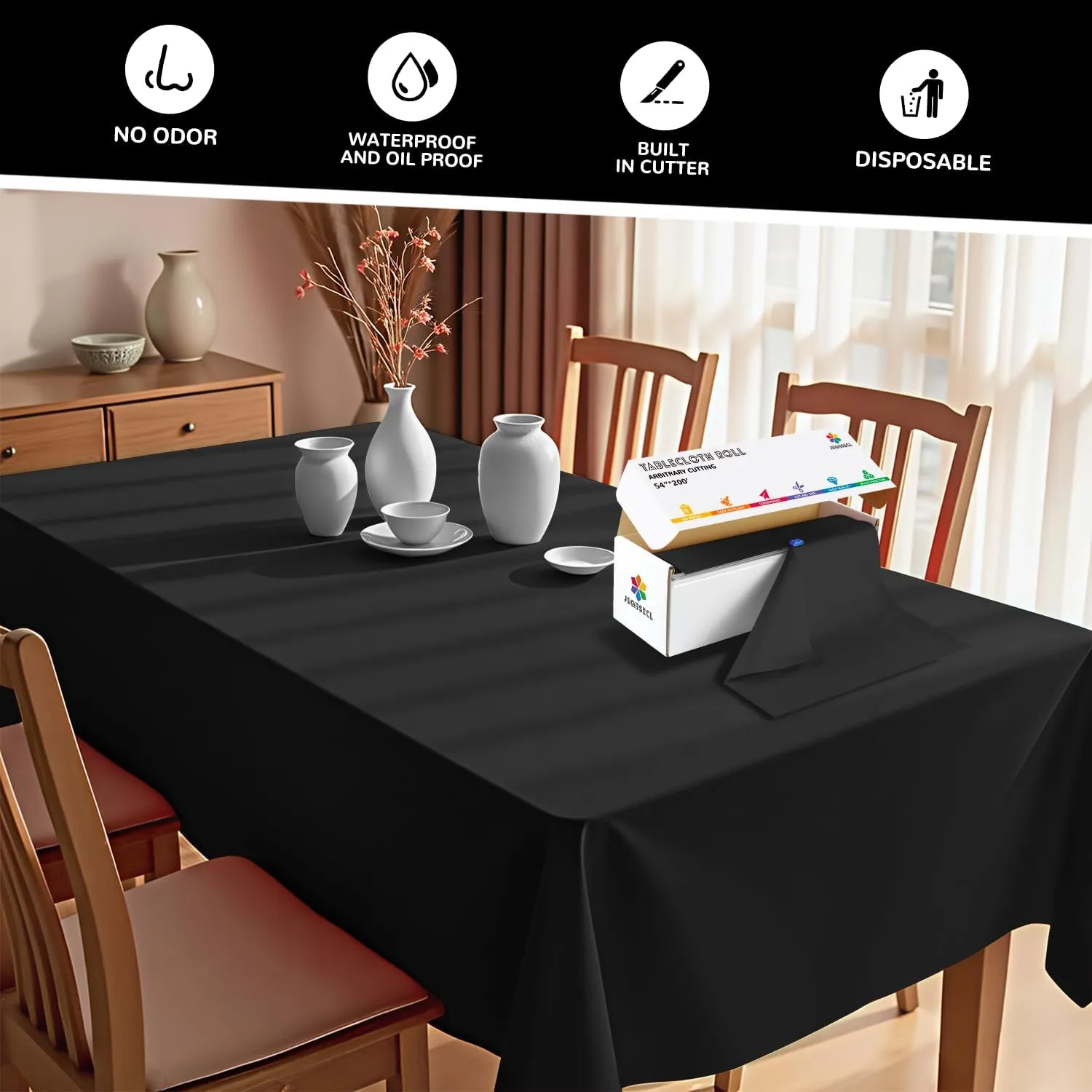 54 Inch X 200 Feet Plastic Table Cover Roll with Convenient Slide Cutter, Disposable Plastic Table Cloth Roll with Cut-to-Size Design for Weddings, Banquets, Parties (Black)