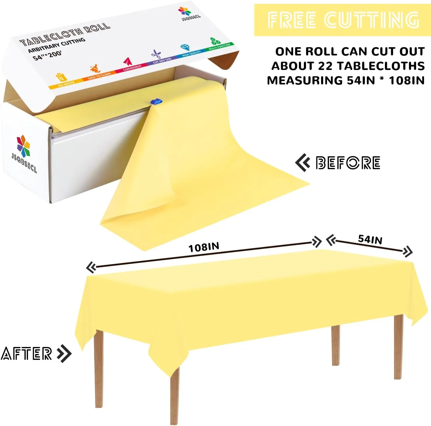54 Inch X 200 Feet Plastic Table Cover Roll with Convenient Slide Cutter, Disposable Plastic Table Cloth Roll with Cut-to-Size Design for Weddings, Banquets, Parties (Light Yellow)