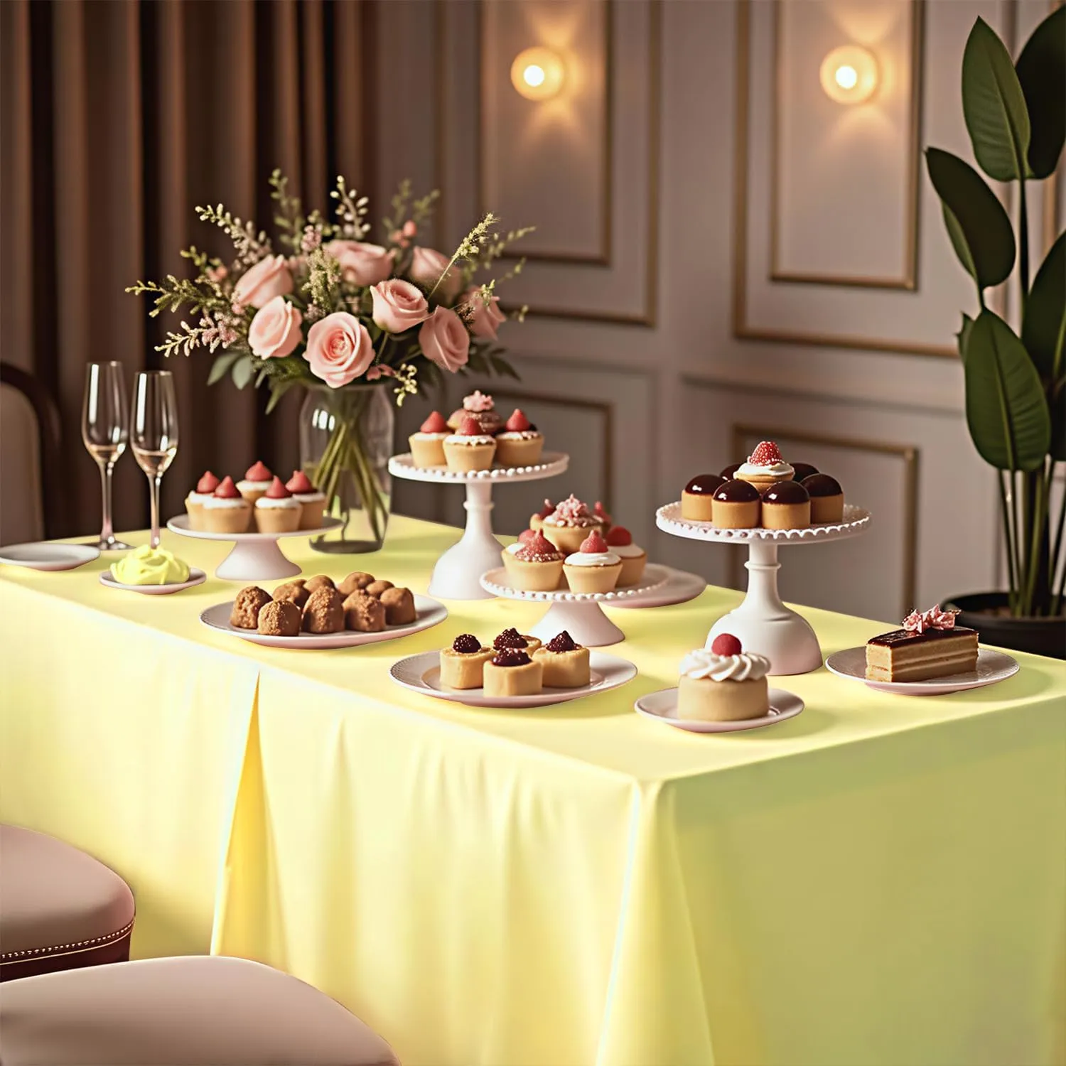 54 Inch X 200 Feet Plastic Table Cover Roll with Convenient Slide Cutter, Disposable Plastic Table Cloth Roll with Cut-to-Size Design for Weddings, Banquets, Parties (Light Yellow)