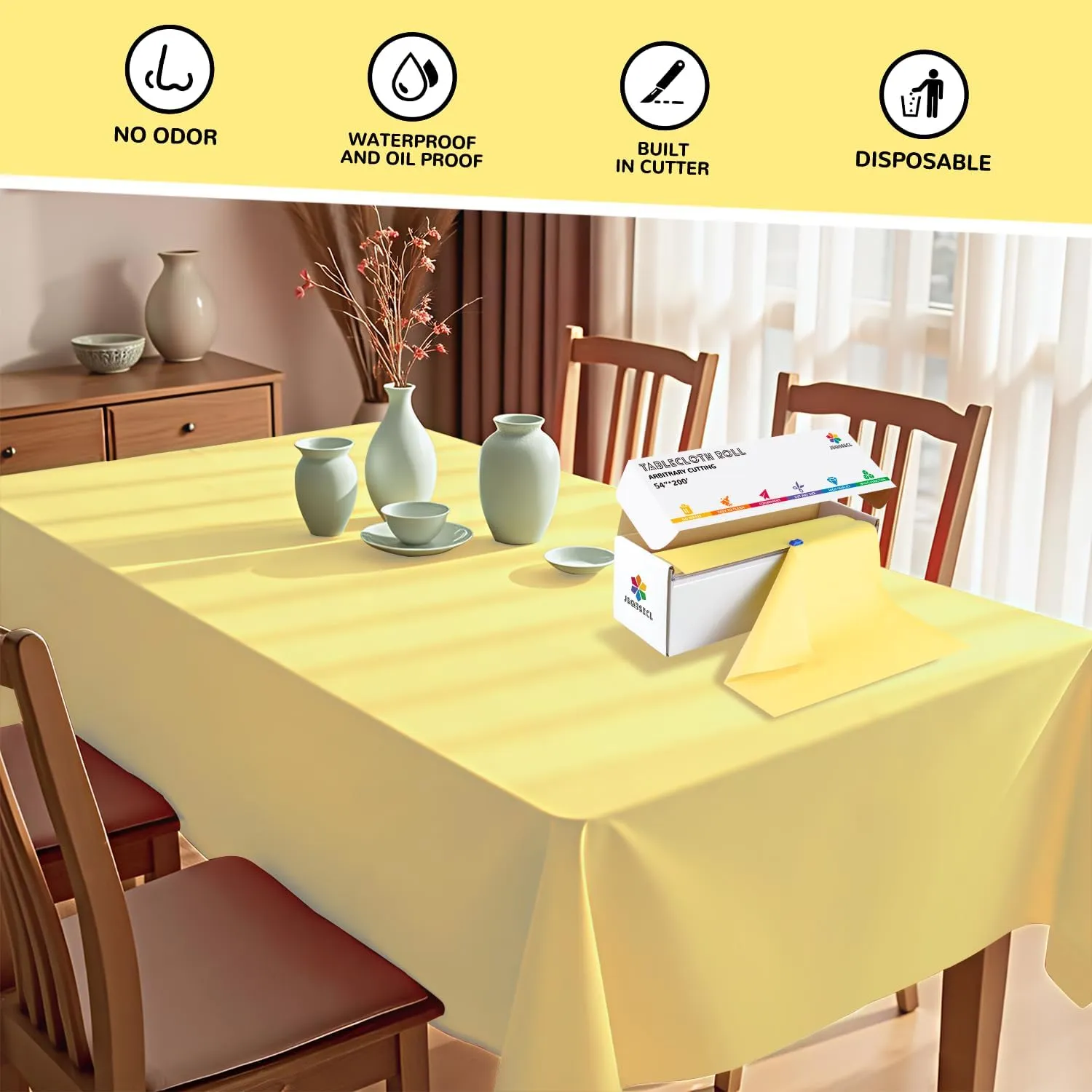 54 Inch X 200 Feet Plastic Table Cover Roll with Convenient Slide Cutter, Disposable Plastic Table Cloth Roll with Cut-to-Size Design for Weddings, Banquets, Parties (Light Yellow)