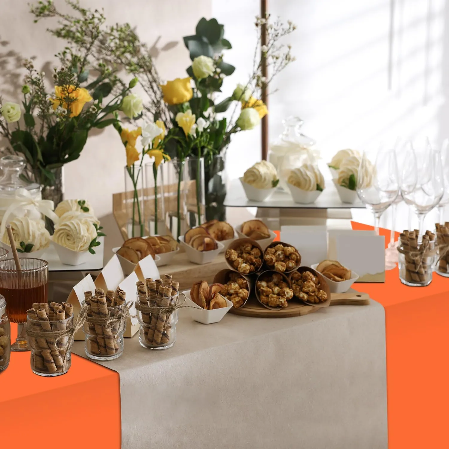 54 Inch X 300 Feet Plastic Table Cover Roll Premium Disposable Plastic Tablecloth for All Type/Shape Tables | Picnic, Party, Banquet, Birthdays, Weddings (Orange, 54 Inch X 300 Feet)