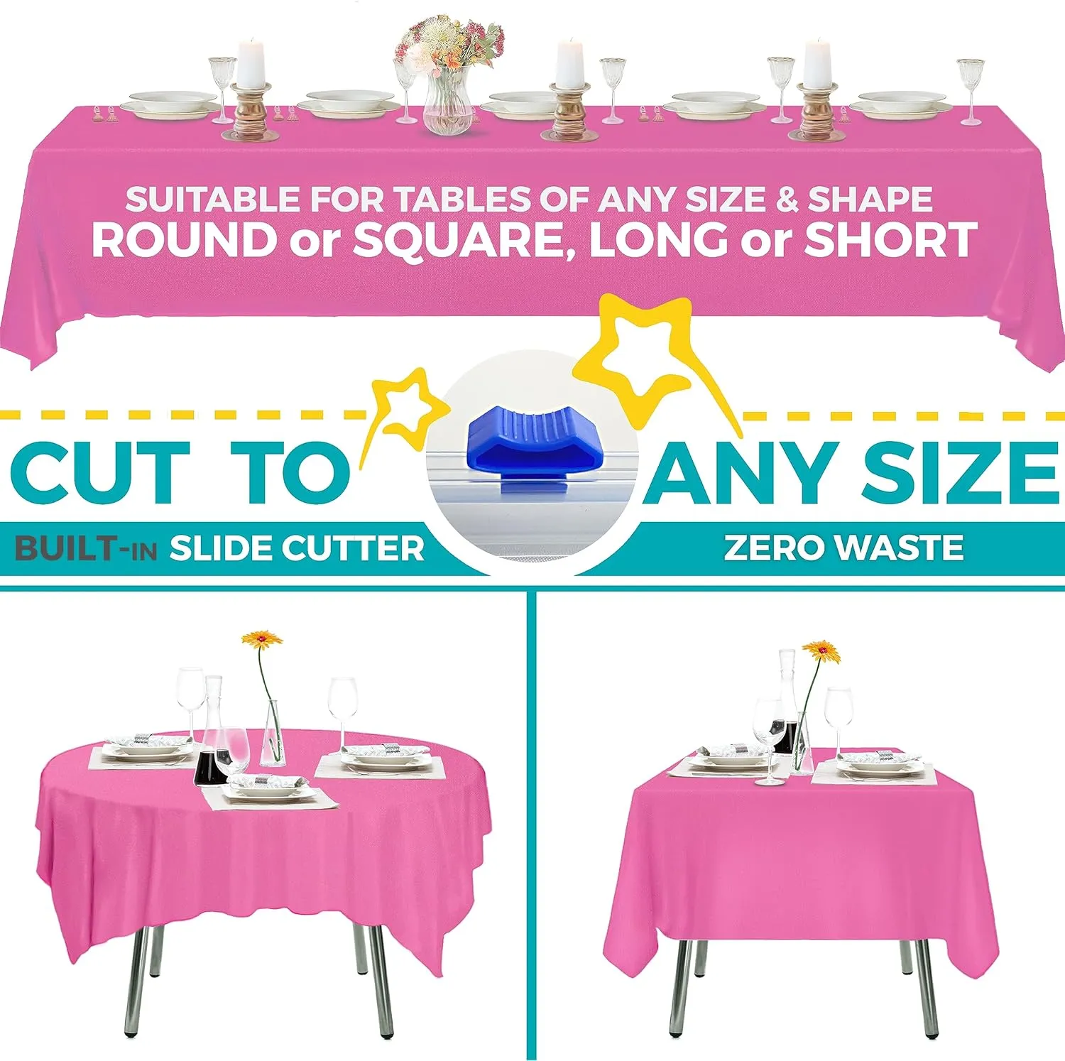 54in X 100ft Pink Premium Plastic Disposable Tablecloth Roll with in Built Cutter Box | Table Cover for Party, Picnic, Banquet & Kids Activities