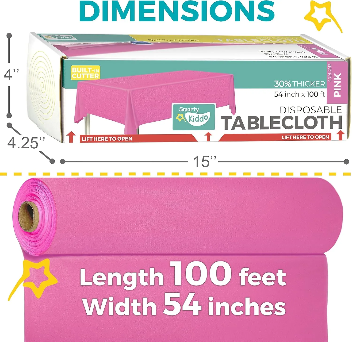 54in X 100ft Pink Premium Plastic Disposable Tablecloth Roll with in Built Cutter Box | Table Cover for Party, Picnic, Banquet & Kids Activities
