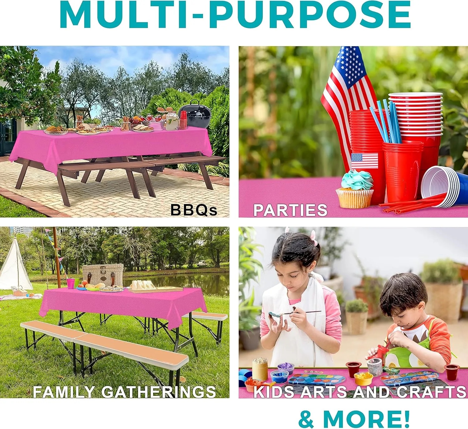 54in X 100ft Pink Premium Plastic Disposable Tablecloth Roll with in Built Cutter Box | Table Cover for Party, Picnic, Banquet & Kids Activities
