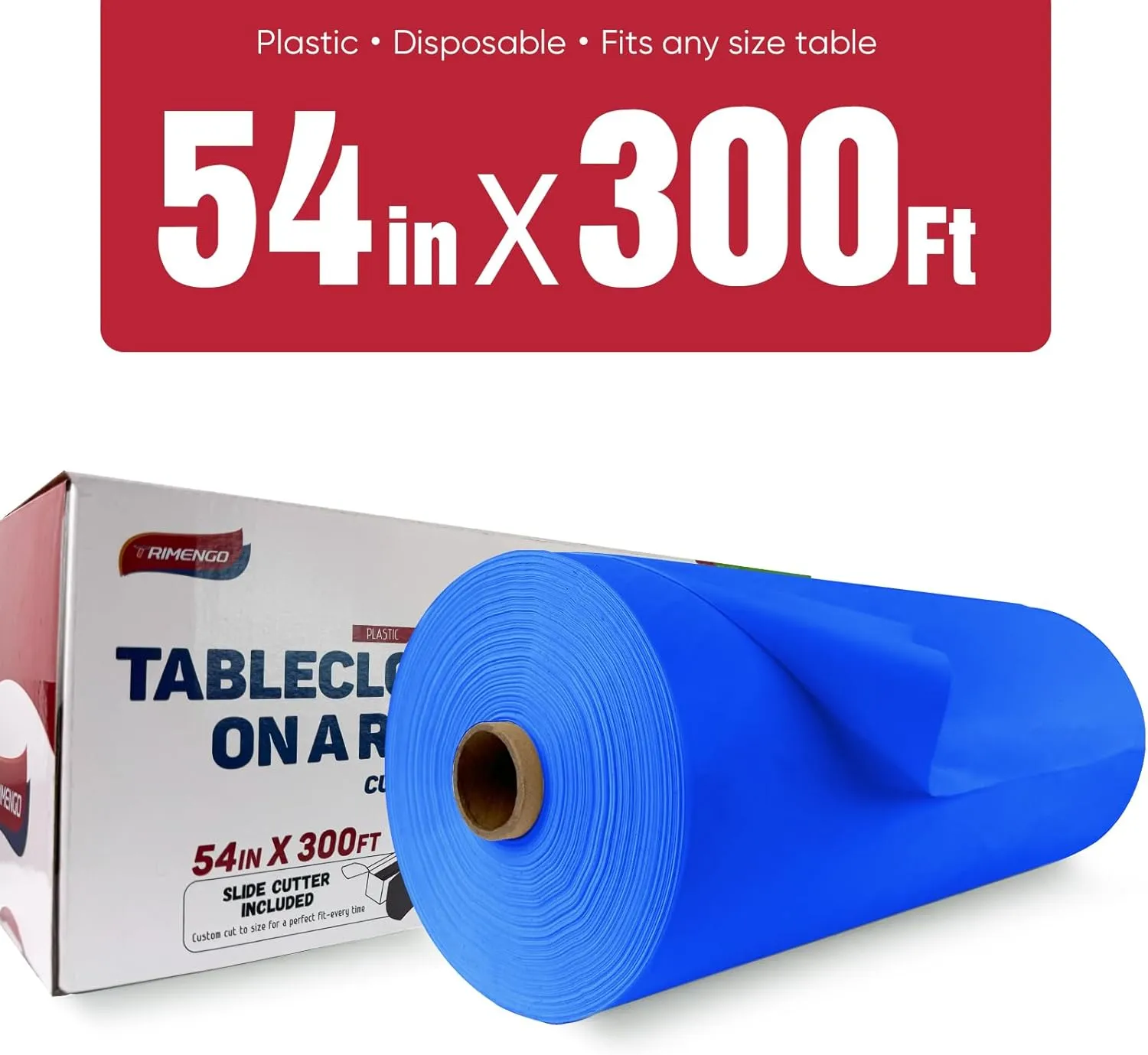 54in x 300Ft Blue Plastic Table Cloth Roll with 18 Pcs Stainless Steel Clips, Disposable Table Cover Roll in A Cut-to-Size Box with Slide Cutter, Tablecloth for Rectangle Table for Parties