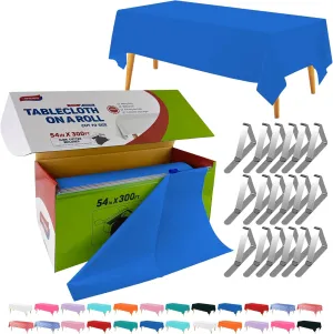 54in x 300Ft Blue Plastic Table Cloth Roll with 18 Pcs Stainless Steel Clips, Disposable Table Cover Roll in A Cut-to-Size Box with Slide Cutter, Tablecloth for Rectangle Table for Parties