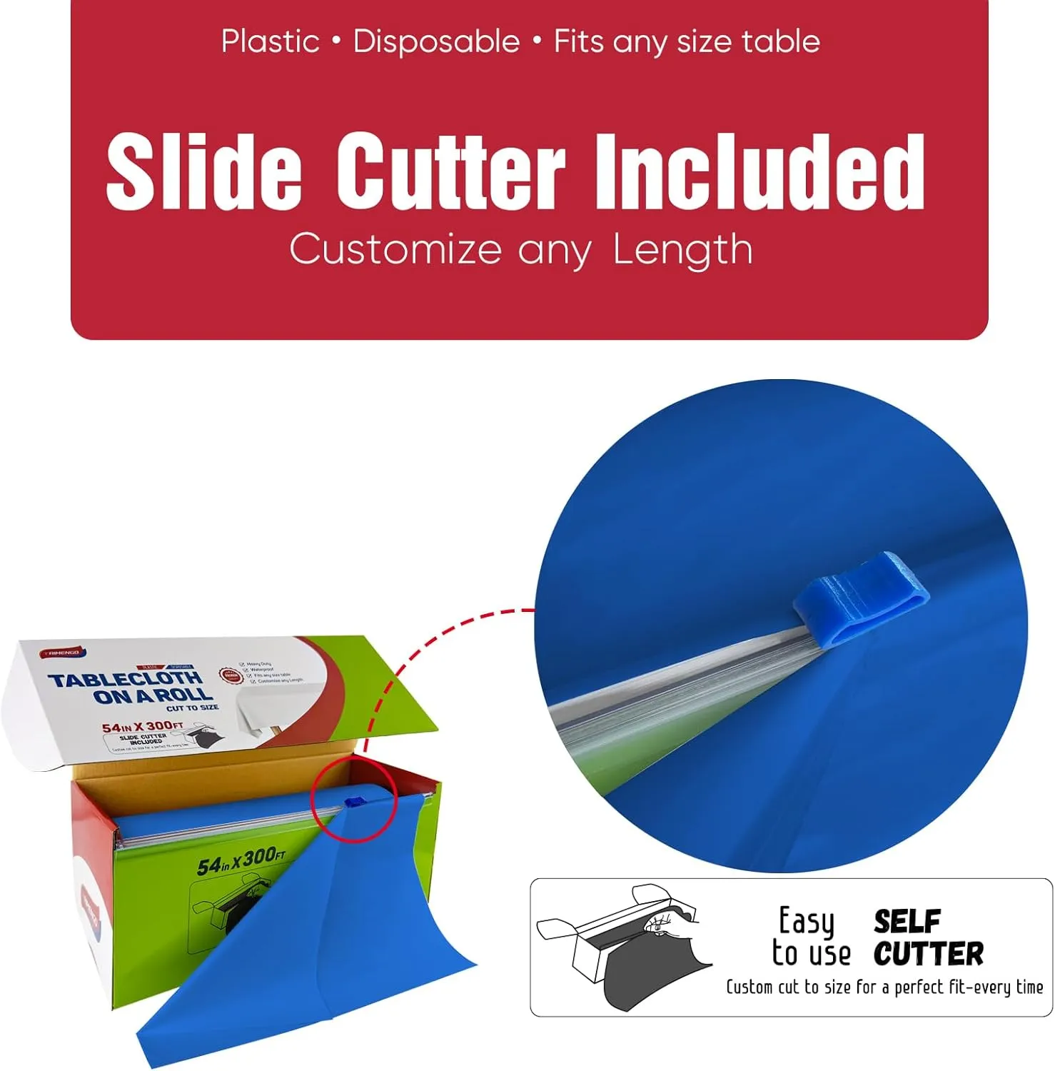 54in x 300Ft Blue Plastic Table Cloth Roll with 18 Pcs Stainless Steel Clips, Disposable Table Cover Roll in A Cut-to-Size Box with Slide Cutter, Tablecloth for Rectangle Table for Parties