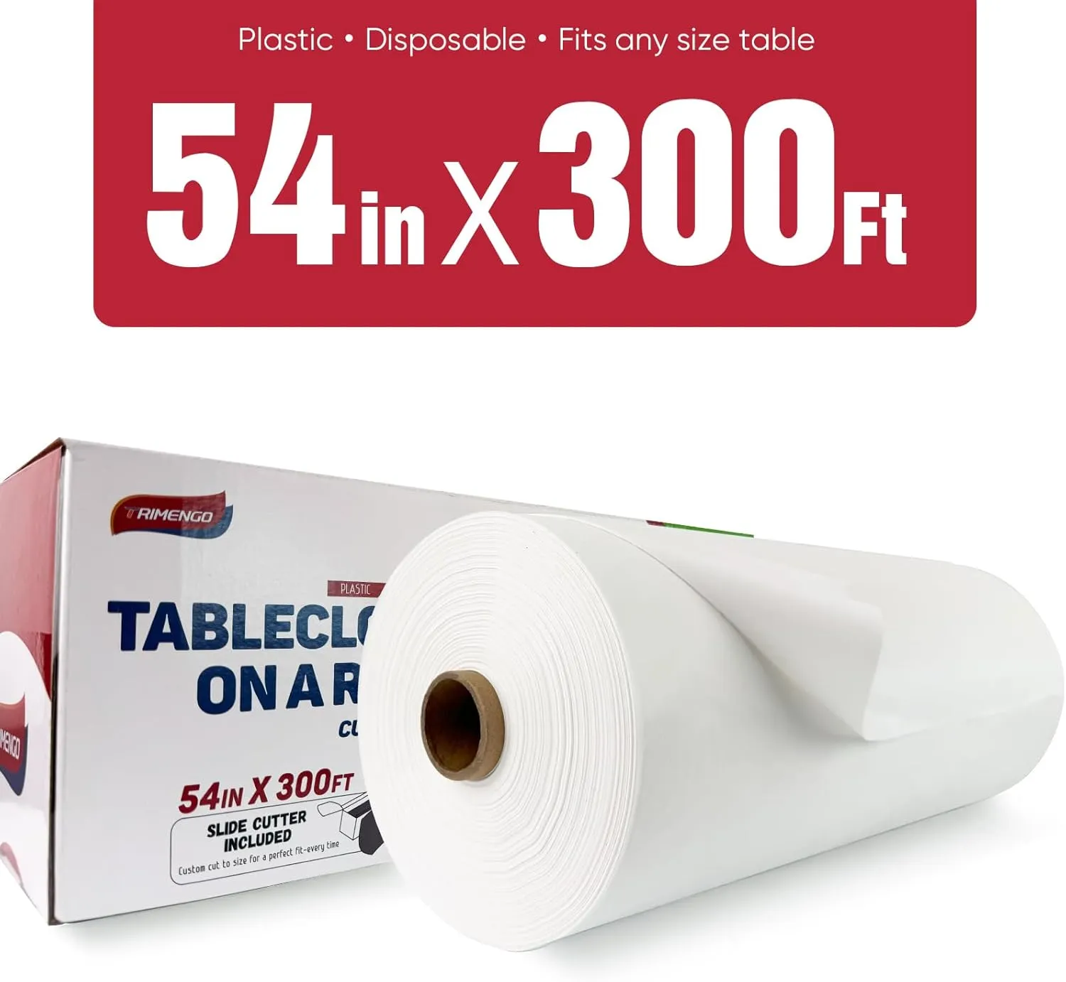 54in x 300Ft White Plastic Table Cloth Roll with 18 Pcs Stainless Steel Clips, Disposable Table Cover Roll in A Cut-to-Size Box with Slide Cutter, Tablecloth for Rectangle Table for Parties