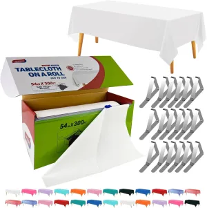 54in x 300Ft White Plastic Table Cloth Roll with 18 Pcs Stainless Steel Clips, Disposable Table Cover Roll in A Cut-to-Size Box with Slide Cutter, Tablecloth for Rectangle Table for Parties