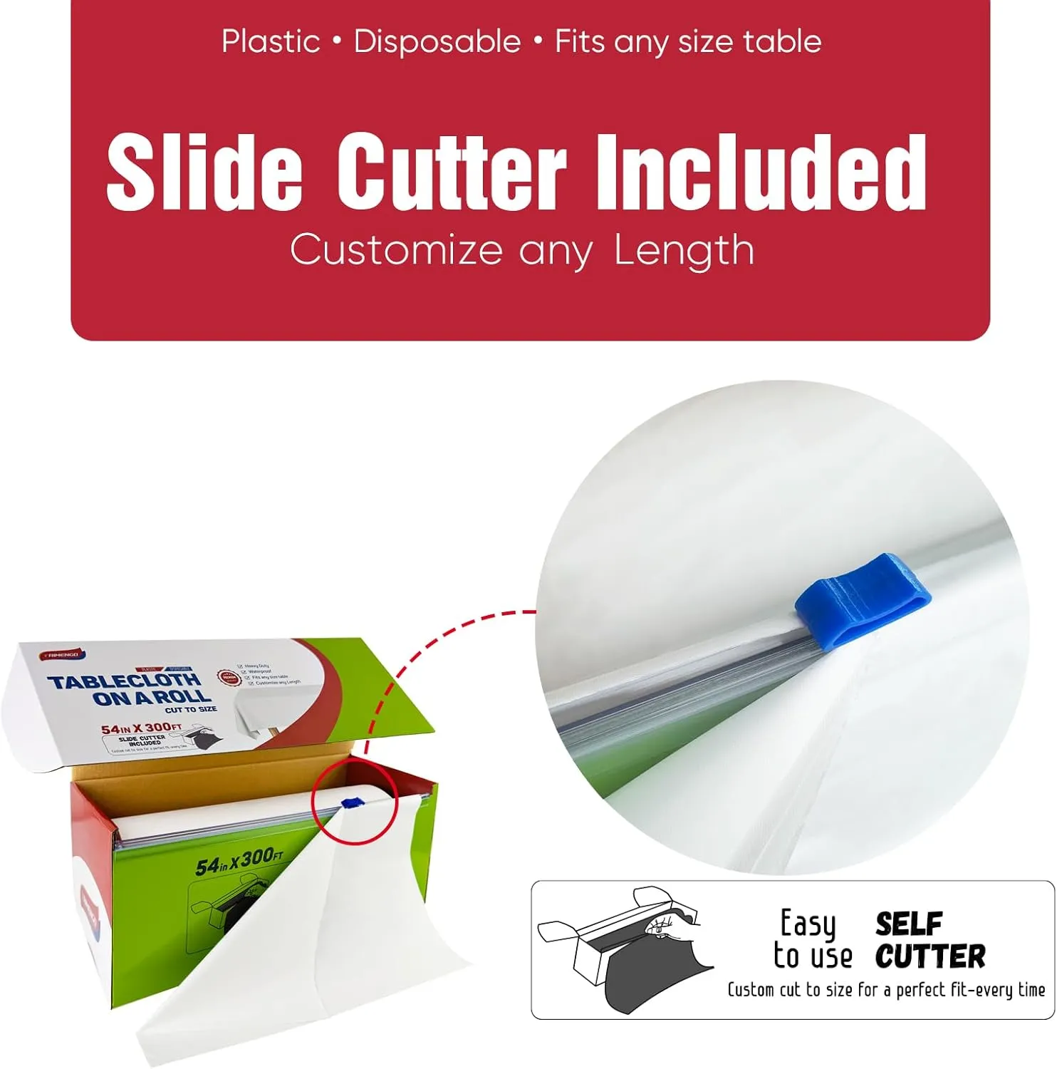 54in x 300Ft White Plastic Table Cloth Roll with 18 Pcs Stainless Steel Clips, Disposable Table Cover Roll in A Cut-to-Size Box with Slide Cutter, Tablecloth for Rectangle Table for Parties