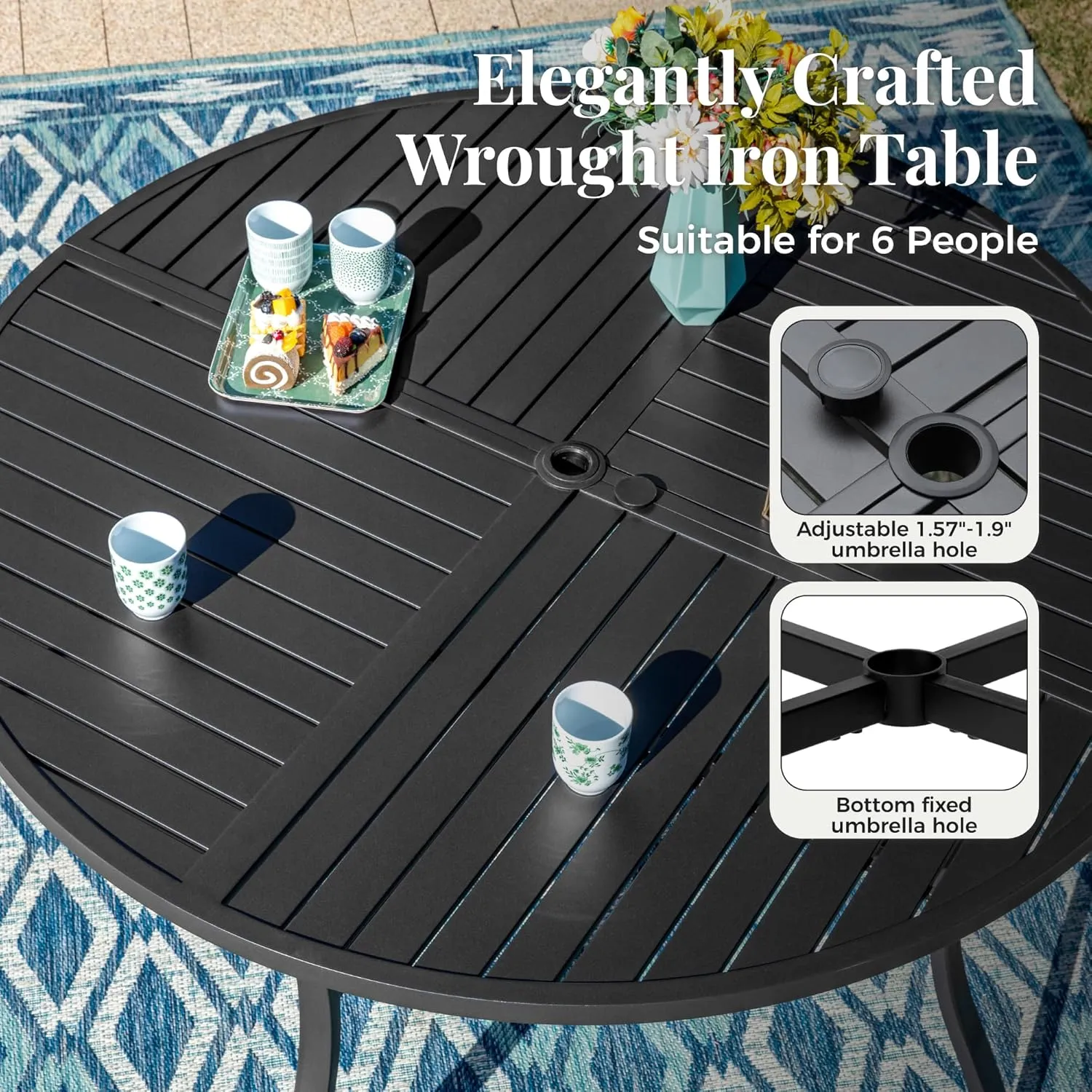 54" Round Patio Dining Table for 6, Outdoor Metal Steel Table with 1.57" Umbrella Hole for Porch Backyard