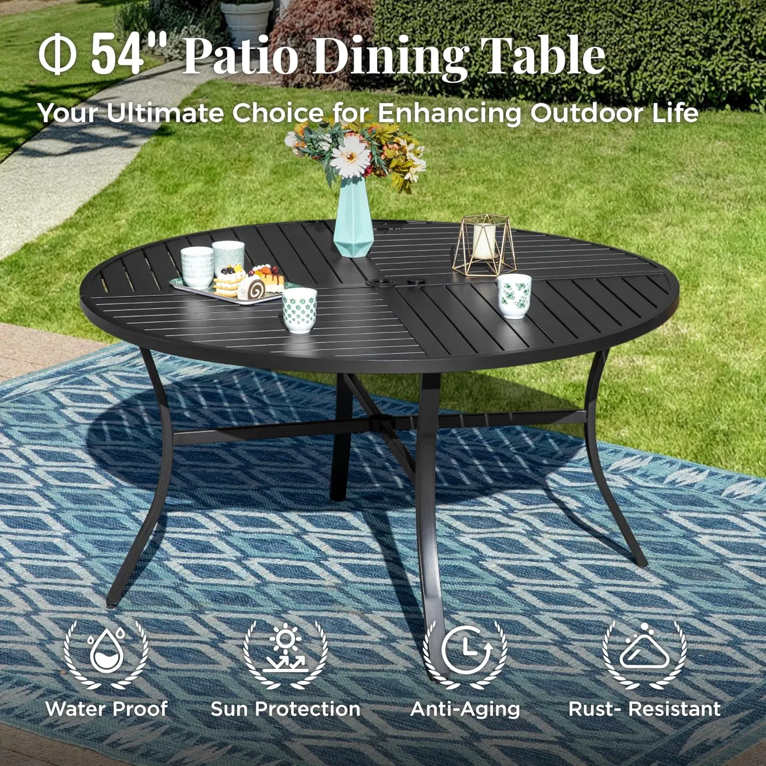 54" Round Patio Dining Table for 6, Outdoor Metal Steel Table with 1.57" Umbrella Hole for Porch Backyard