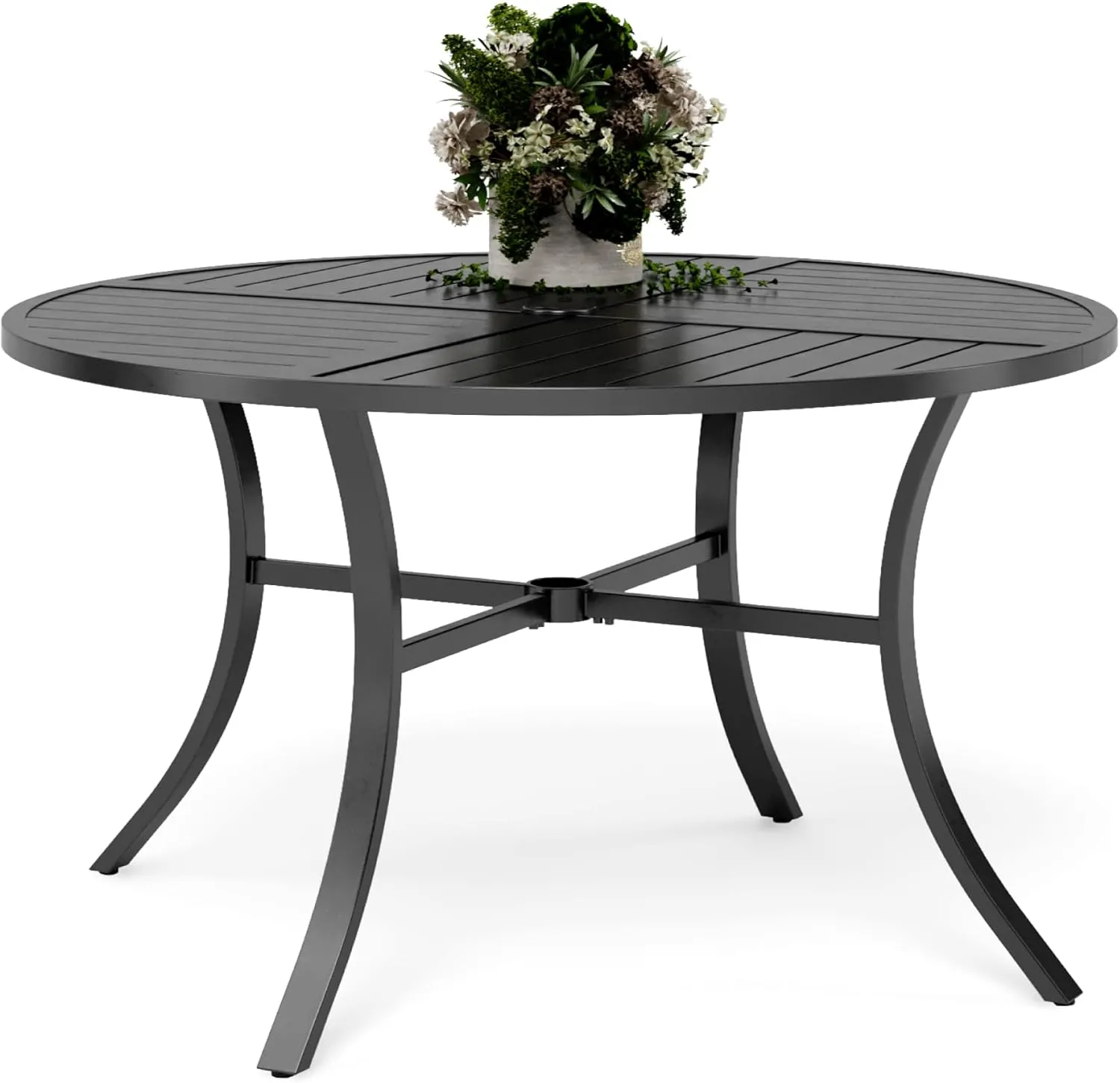 54" Round Patio Dining Table for 6, Outdoor Metal Steel Table with 1.57" Umbrella Hole for Porch Backyard