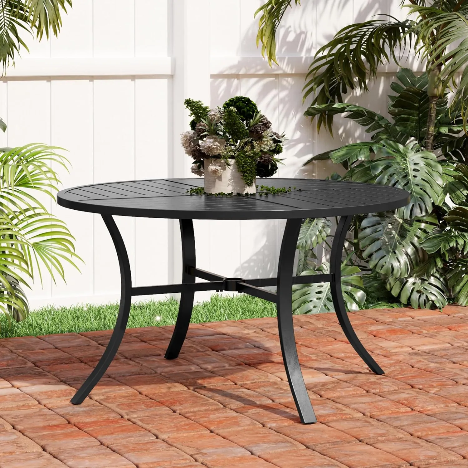 54" Round Patio Dining Table for 6, Outdoor Metal Steel Table with 1.57" Umbrella Hole for Porch Backyard