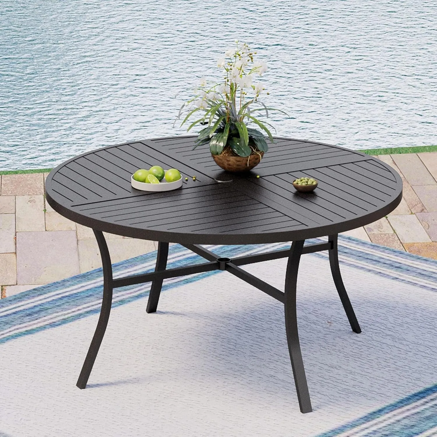 54" Round Patio Dining Table for 6, Outdoor Metal Steel Table with 1.57" Umbrella Hole for Porch Backyard