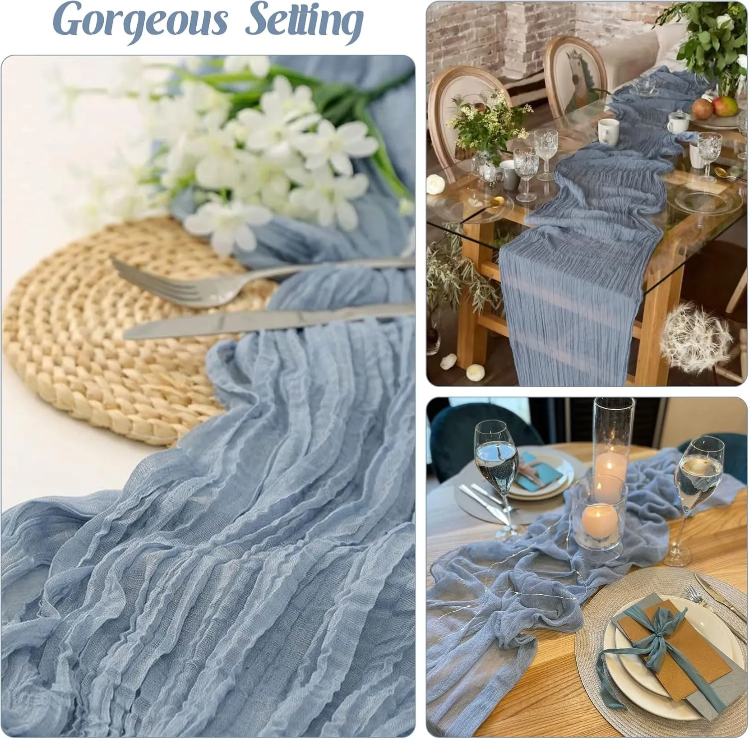 6 Pieces Dusty Blue 10FT Cheesecloth Table Runner Boho Gauze Fabric Table Runner Rustic Sheer Runner for Wedding Birthday Baby Shower Party Boho Table Decoration（Dusty Blue）