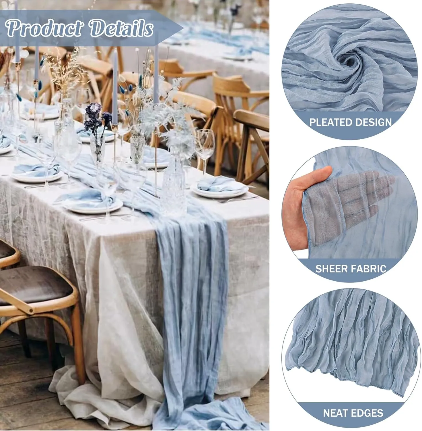 6 Pieces Dusty Blue 10FT Cheesecloth Table Runner Boho Gauze Fabric Table Runner Rustic Sheer Runner for Wedding Birthday Baby Shower Party Boho Table Decoration（Dusty Blue）