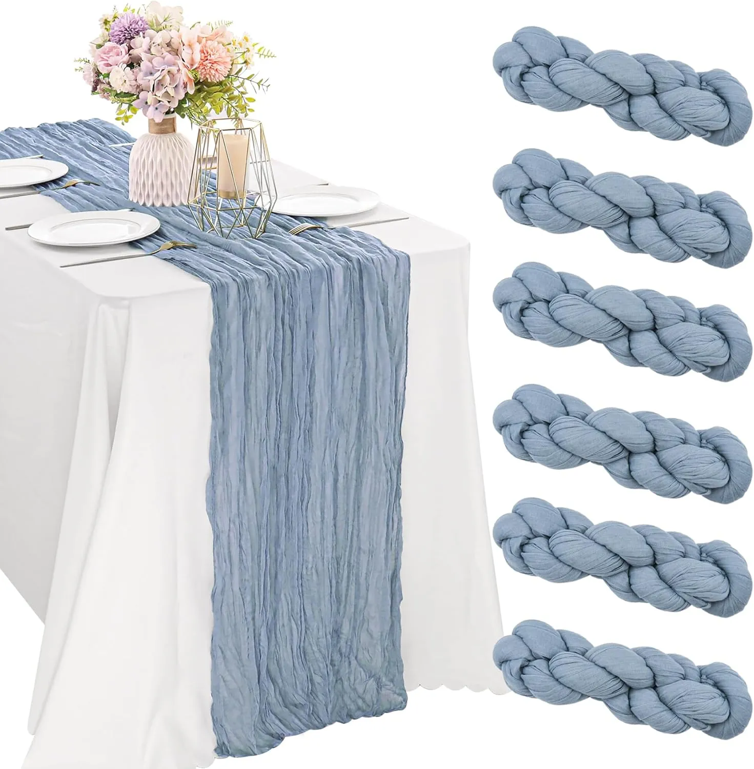 6 Pieces Dusty Blue 10FT Cheesecloth Table Runner Boho Gauze Fabric Table Runner Rustic Sheer Runner for Wedding Birthday Baby Shower Party Boho Table Decoration（Dusty Blue）