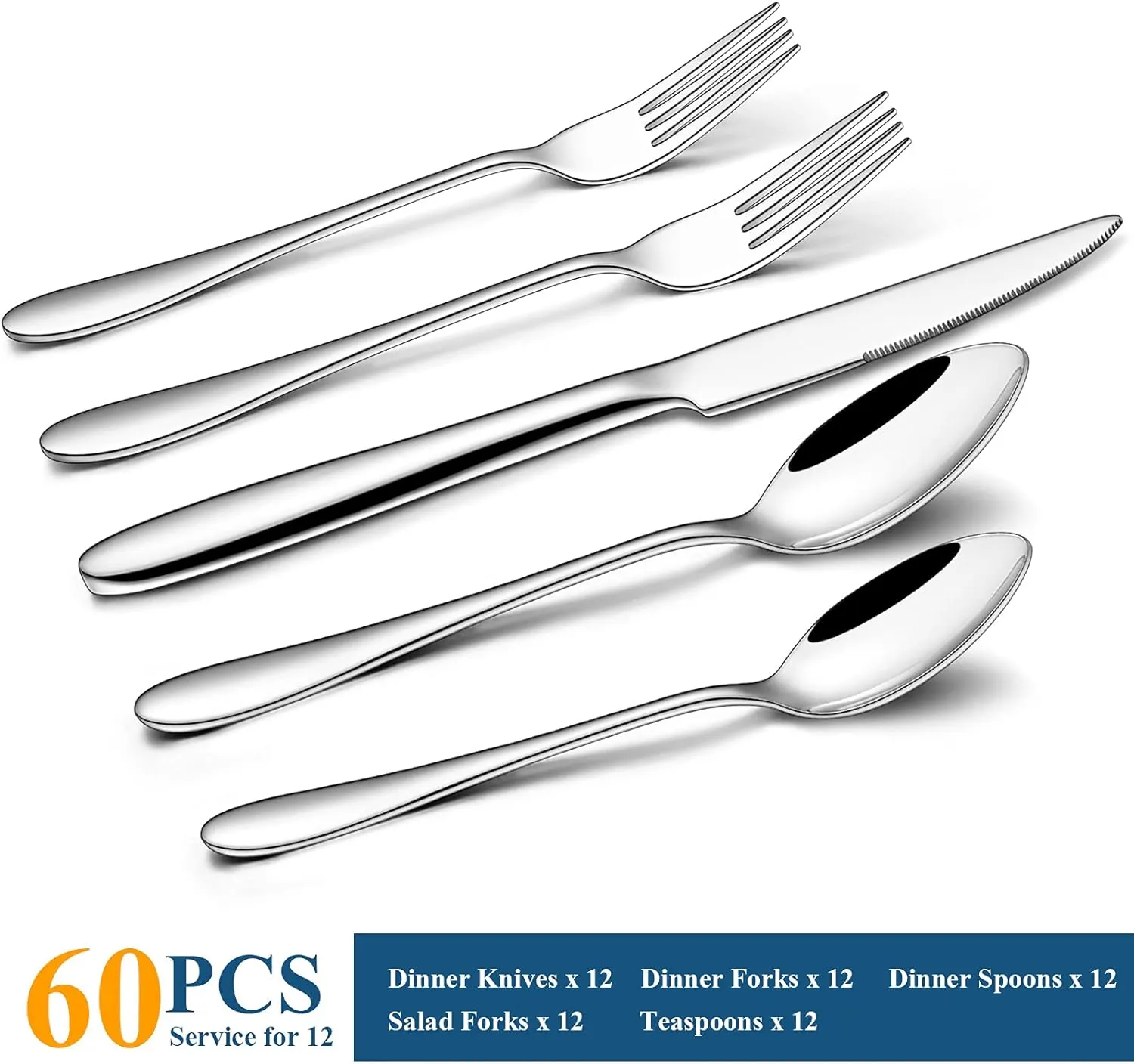 60-Piece Silverware Set, Wildone Stainless Steel Flatware Set Service for 12, Tableware Cutlery Set for Home Kitchen Hotel Restaurant, Mirror Polished, Dishwasher Safe