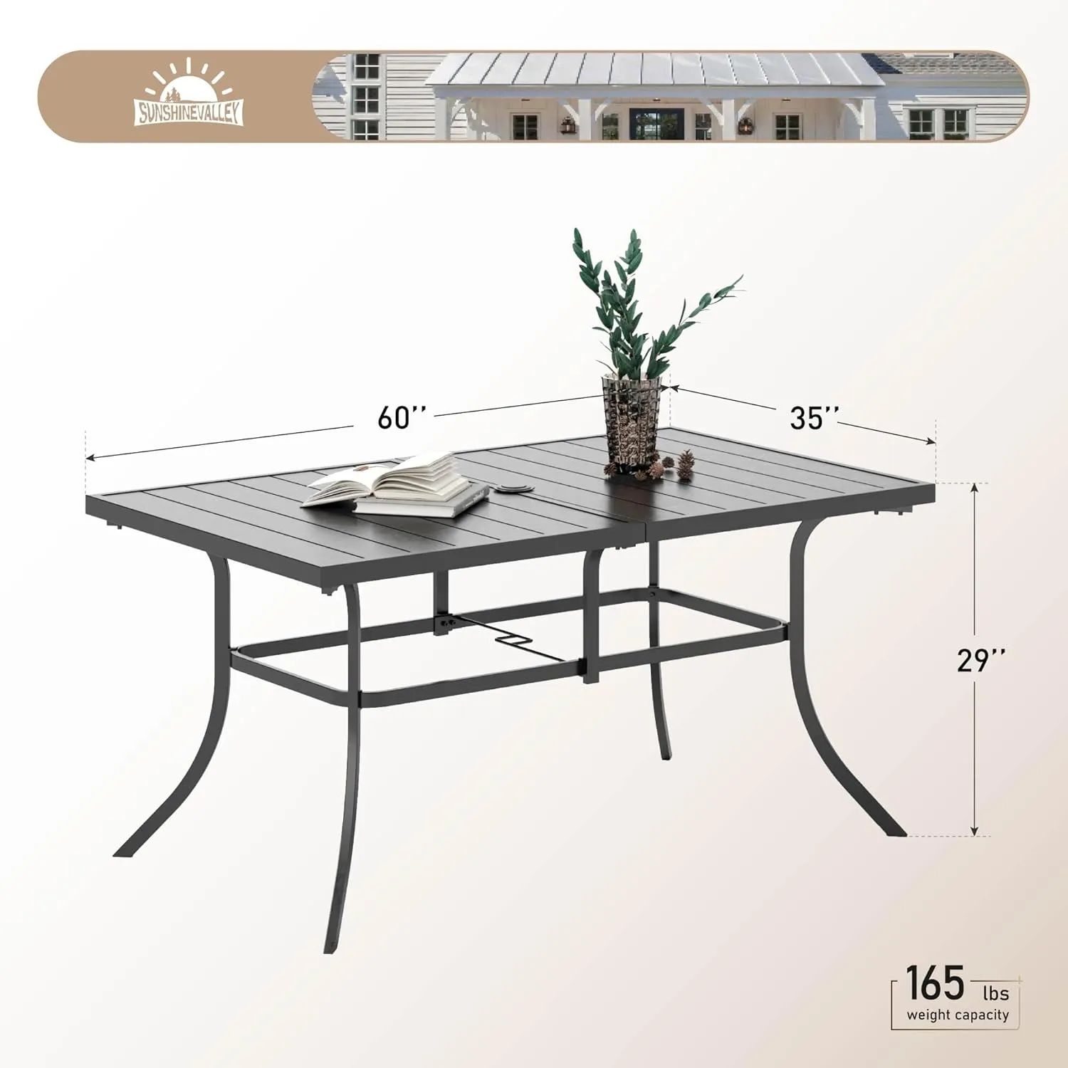 60" Patio Dining Table for 6, Rectangle Patio Table with Umbrella Hole,E-Coating and Powder Coating Steel Frame Metal Outdoor Patio Table for Garden Backyard Lawn Yard