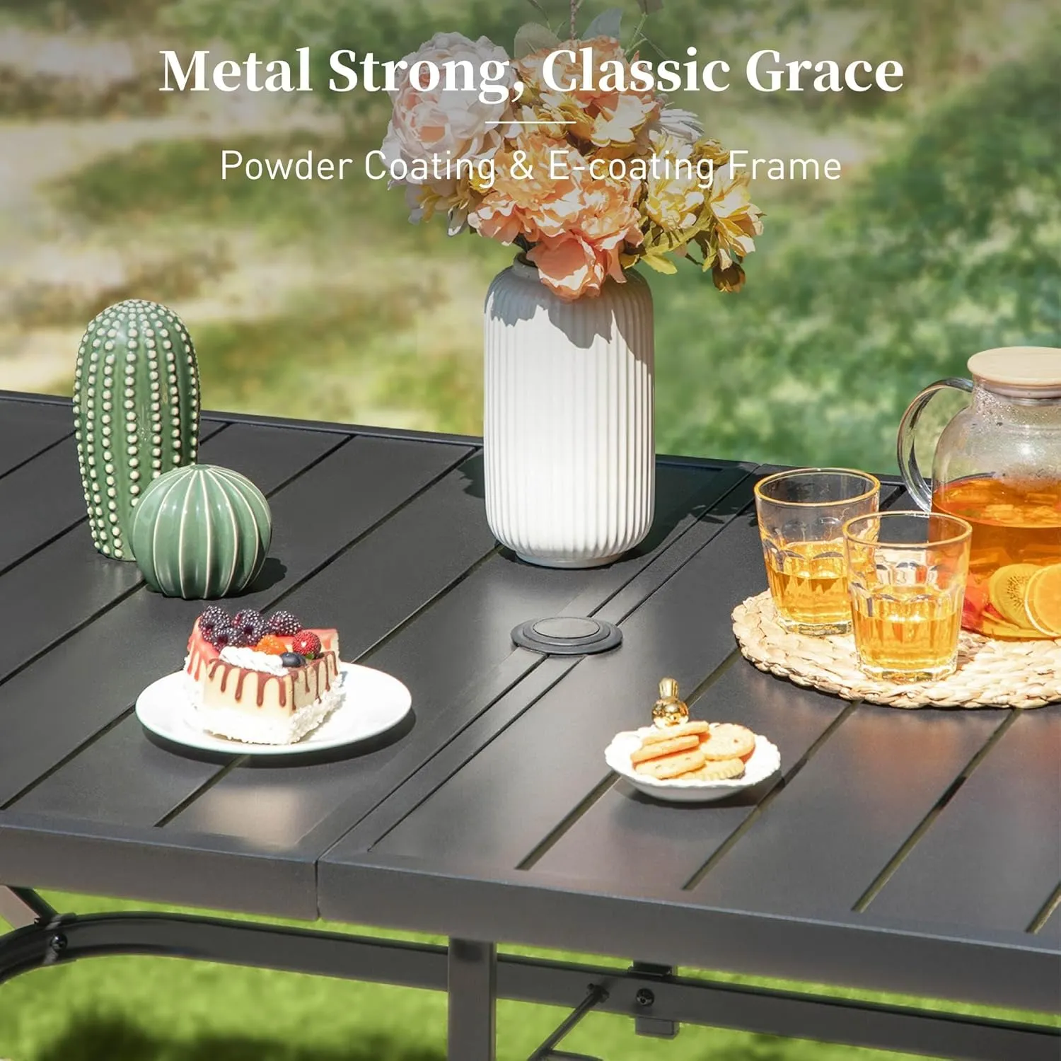 60" Patio Dining Table for 6, Rectangle Patio Table with Umbrella Hole,E-Coating and Powder Coating Steel Frame Metal Outdoor Patio Table for Garden Backyard Lawn Yard