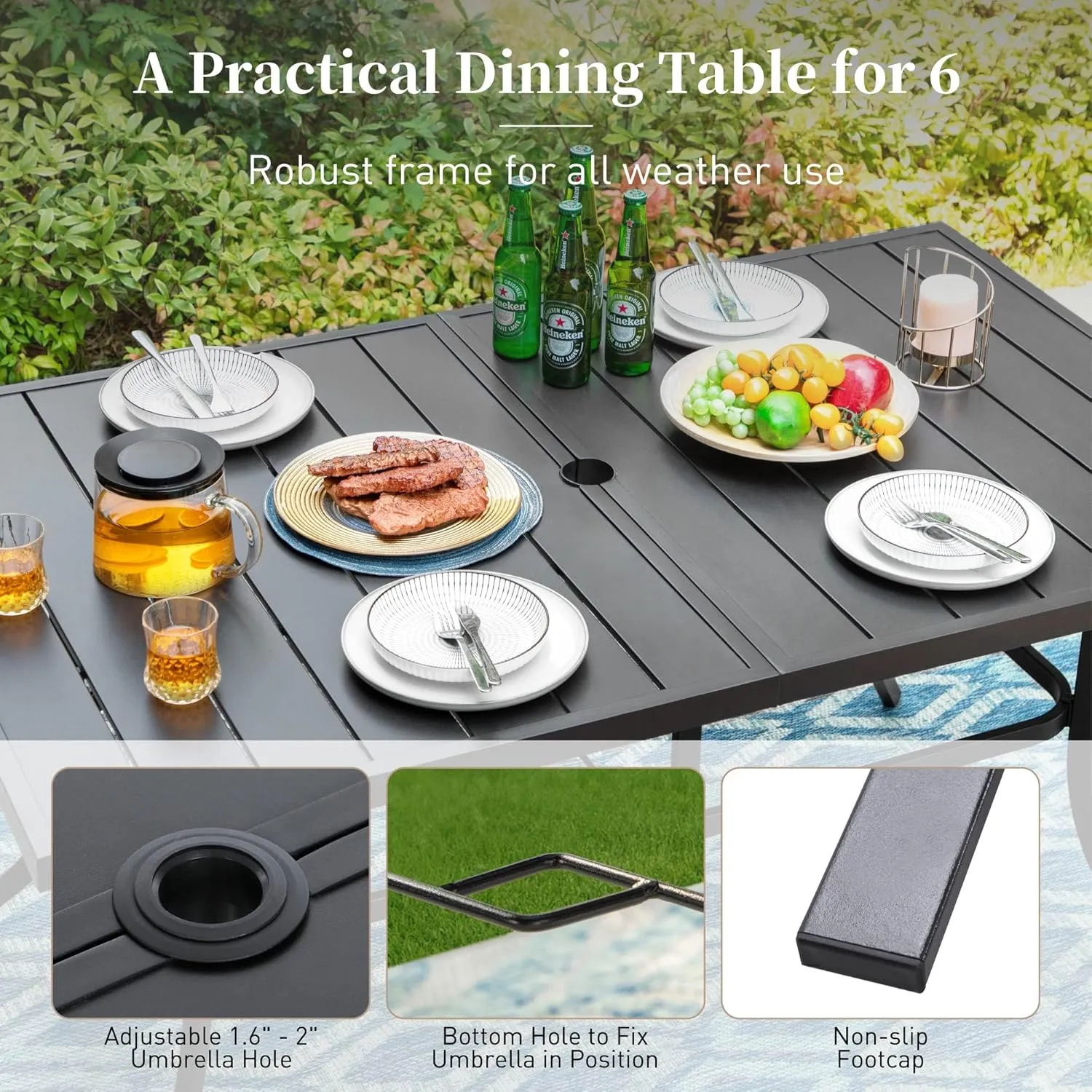 60" Patio Dining Table for 6, Rectangle Patio Table with Umbrella Hole,E-Coating and Powder Coating Steel Frame Metal Outdoor Patio Table for Garden Backyard Lawn Yard