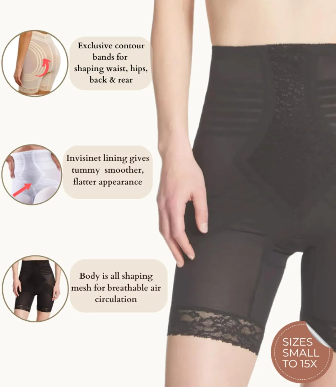6209 High Waist Thigh Shaper | Size Sm - 15X | Made in USA | Flex Fit | No Top Roll | Firm - Extra Firm Tummy-Thigh Control
