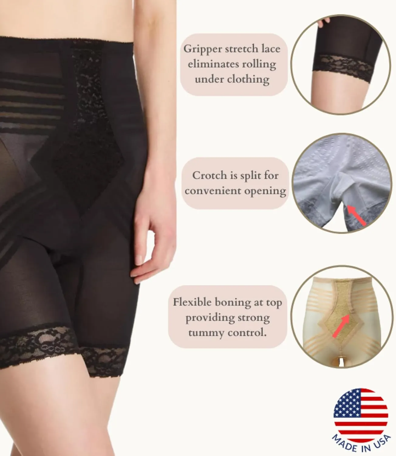 6209 High Waist Thigh Shaper | Size Sm - 15X | Made in USA | Flex Fit | No Top Roll | Firm - Extra Firm Tummy-Thigh Control