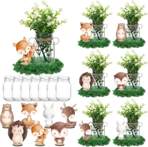 7 Set 23 Pcs Woodland Animals Baby Shower Table Centerpieces Wooden Forest Animal Cutout Mason Jar Vase Artificial Flowers Faux Moss with Twine for Woodland Creature Birthday Party Decor