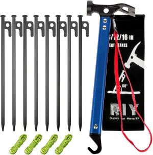 8'' 8pcs Tent Stakes and 12" Carbon Steel Aluminum Camping Hammer Blue