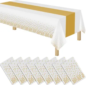 8 Pack 2in1 Disposable Plastic Tablecloths 54" x 108" White and Gold Dot Party Table Cloth Rectangle Table Cover for Wedding Birthday Baby Shower Anniversary Christmas New Year Party Decorations