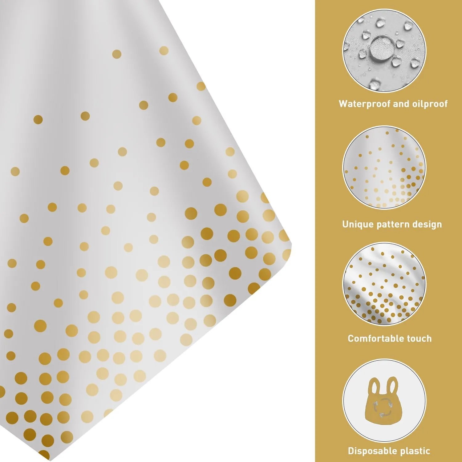 8 Pack 2in1 Disposable Plastic Tablecloths 54" x 108" White and Gold Dot Party Table Cloth Rectangle Table Cover for Wedding Birthday Baby Shower Anniversary Christmas New Year Party Decorations