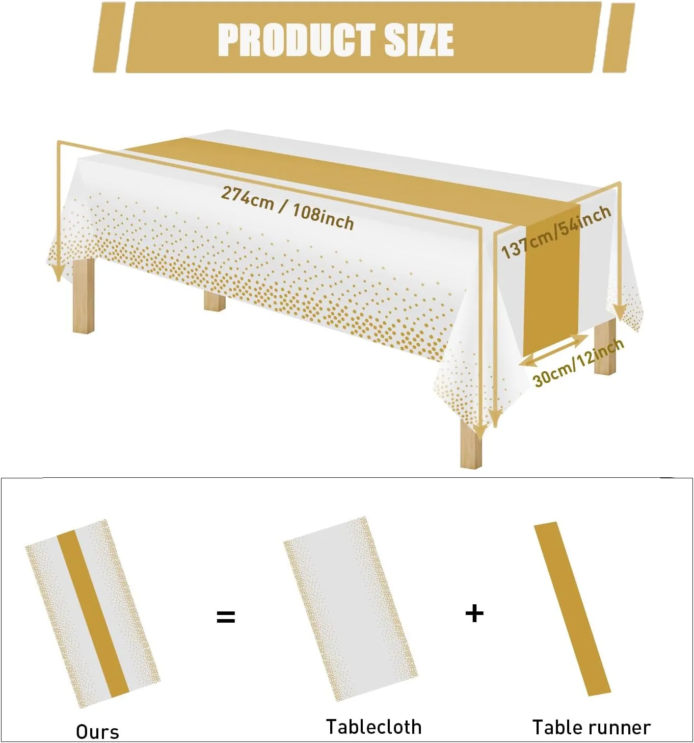 8 Pack 2in1 Disposable Plastic Tablecloths 54" x 108" White and Gold Dot Party Table Cloth Rectangle Table Cover for Wedding Birthday Baby Shower Anniversary Christmas New Year Party Decorations