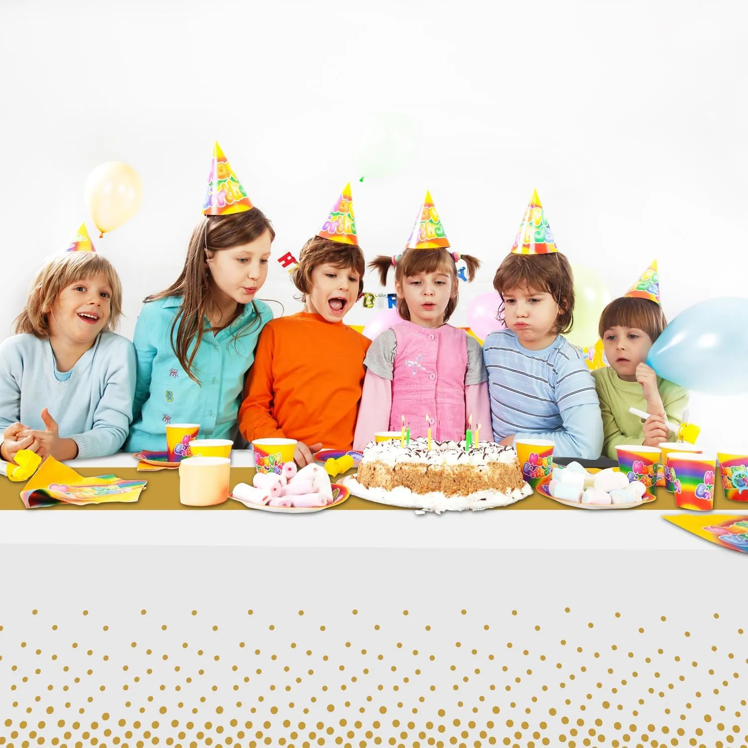 8 Pack 2in1 Disposable Plastic Tablecloths 54" x 108" White and Gold Dot Party Table Cloth Rectangle Table Cover for Wedding Birthday Baby Shower Anniversary Christmas New Year Party Decorations
