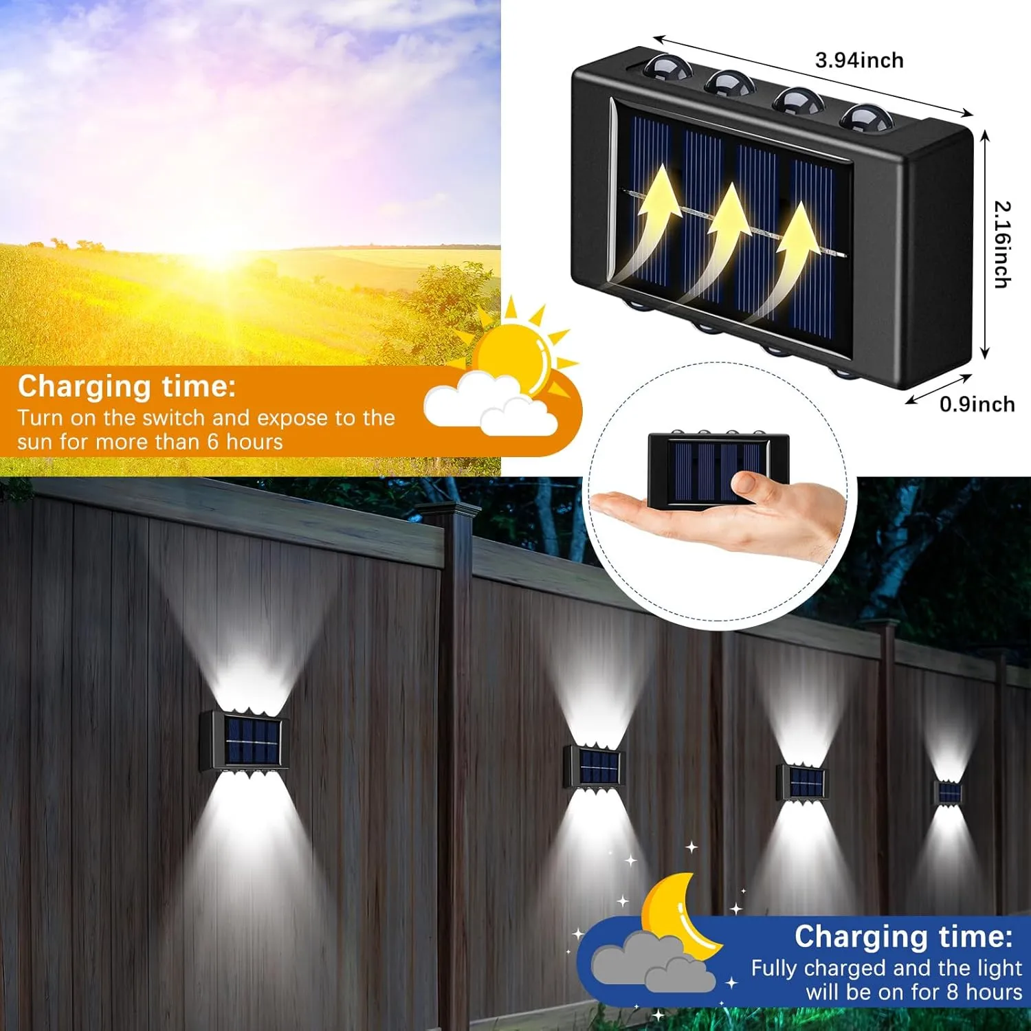 8 Pack Solar Wall Lights for Outside Solar Fence Lights Up and Down Fence LED Outdoor Decorative Waterproof Lamps Dusk to Dawn LED Lighting Wall Sconces for Outside Walkway Backyard Deck(Cold Light)