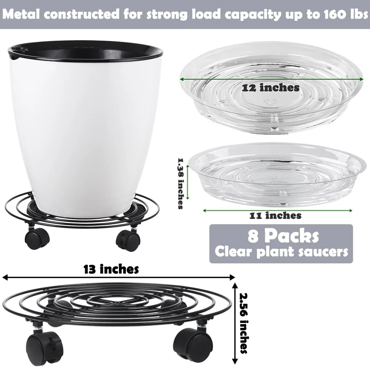 8 Packs Large Metal Plant Caddy with Wheels 13" Heavy-Duty Wrought Iron Rolling Plant Stands Wheeled Plant Dolly Plant Roller Base Indoor Outdoor Planter Mover Saucers Black