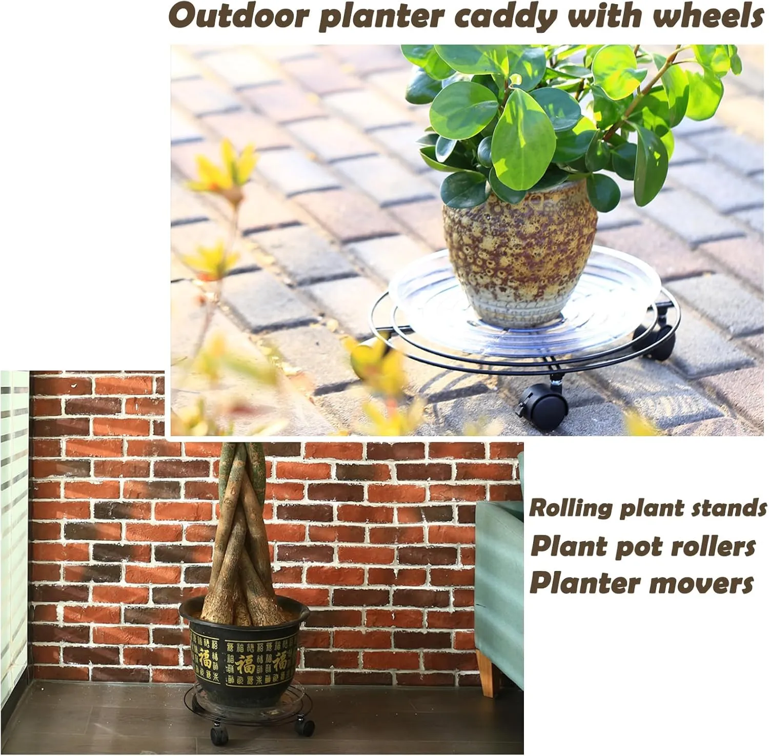 8 Packs Large Metal Plant Caddy with Wheels 13" Heavy-Duty Wrought Iron Rolling Plant Stands Wheeled Plant Dolly Plant Roller Base Indoor Outdoor Planter Mover Saucers Black