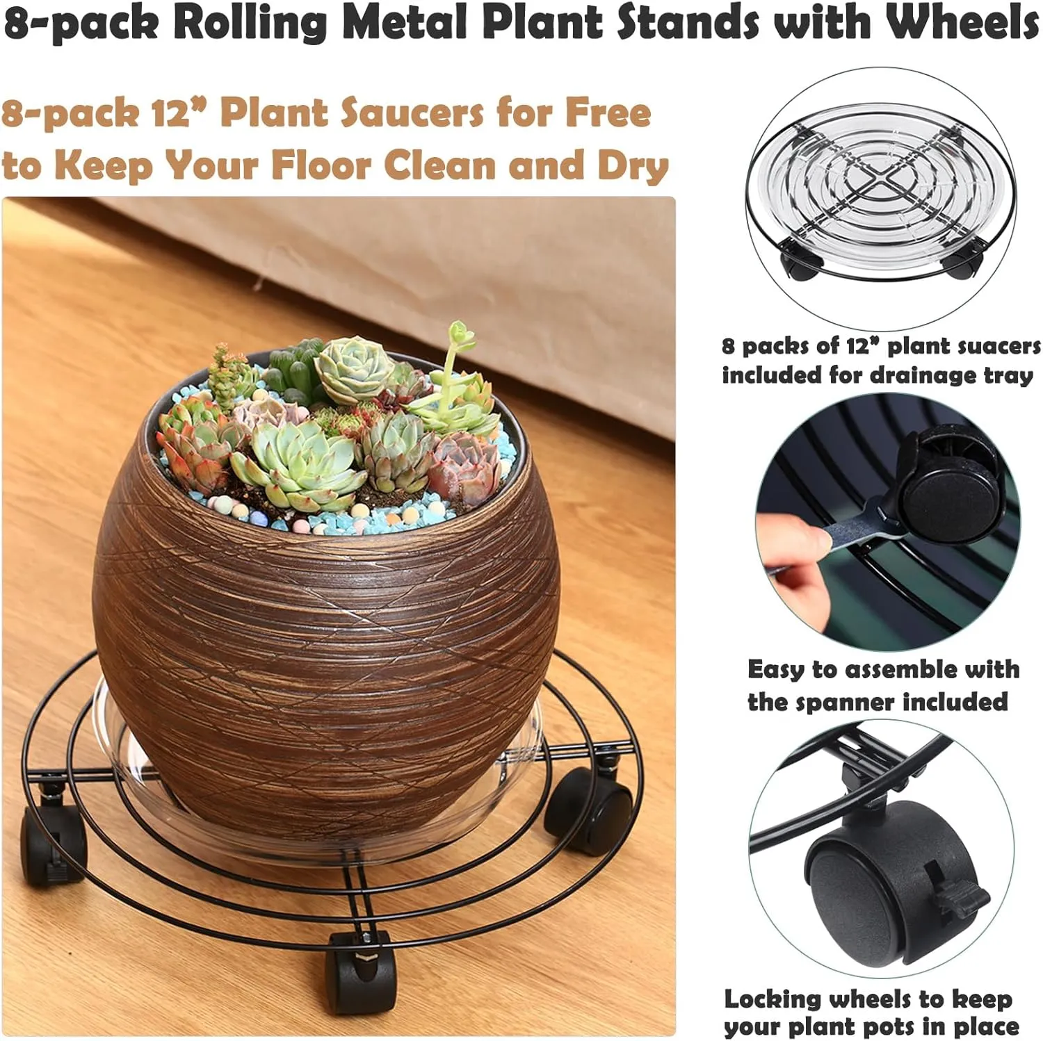 8 Packs Large Metal Plant Caddy with Wheels 13" Heavy-Duty Wrought Iron Rolling Plant Stands Wheeled Plant Dolly Plant Roller Base Indoor Outdoor Planter Mover Saucers Black