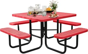 8-Person Picnic Tables for Outdoors, Industrial 46" Expanded Metal Square Picnic Table with 4 Benches & Umbrella Hole, Outside Table and Bench Set for Garden, Backyard, Porch, Patio, Red