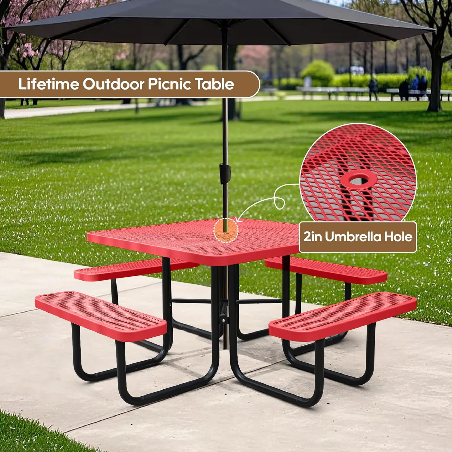 8-Person Picnic Tables for Outdoors, Industrial 46" Expanded Metal Square Picnic Table with 4 Benches & Umbrella Hole, Outside Table and Bench Set for Garden, Backyard, Porch, Patio, Red