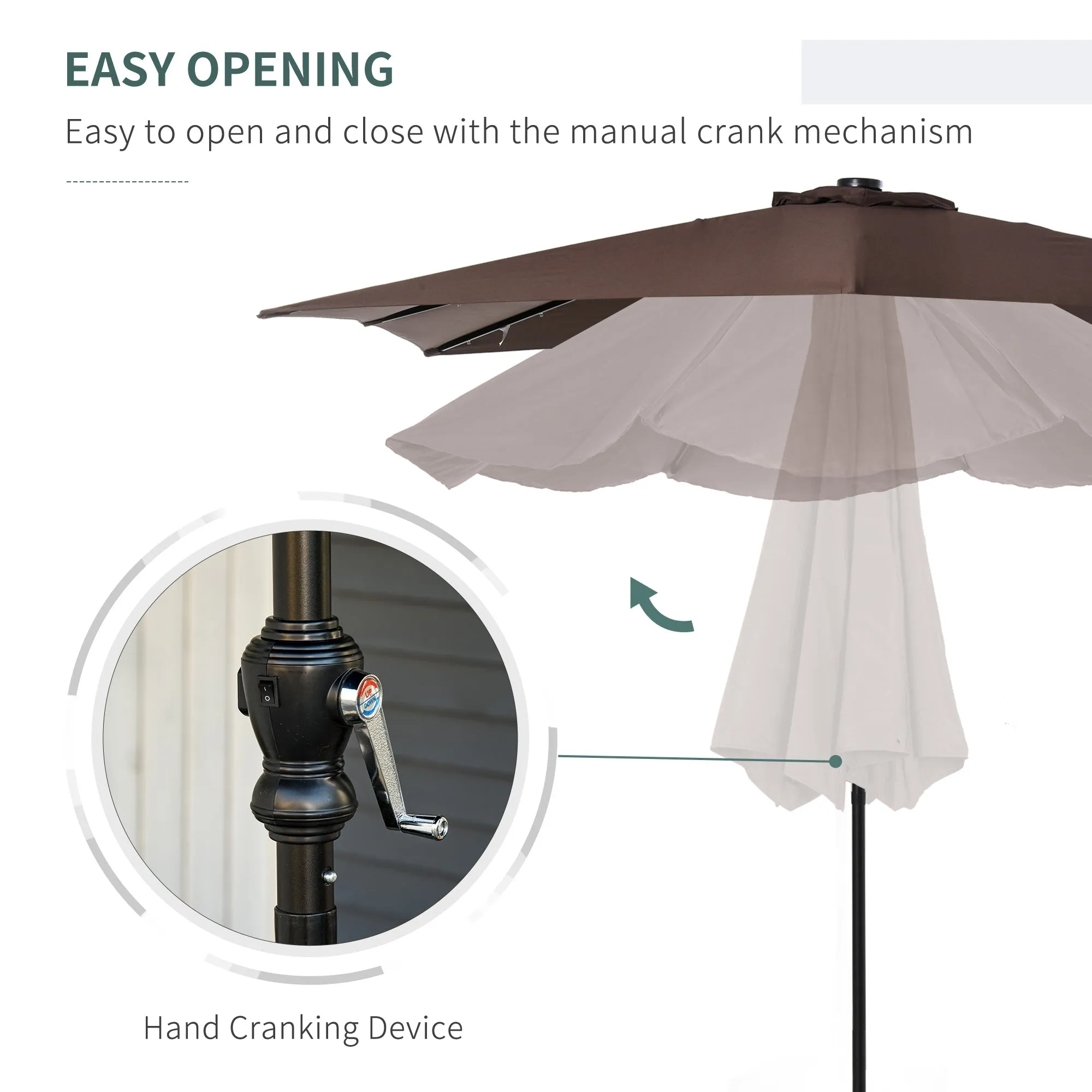 9' x 7' Solar Umbrella, LED Lighted, Tilt & Crank, for Outdoor, Garden, Deck, Brown