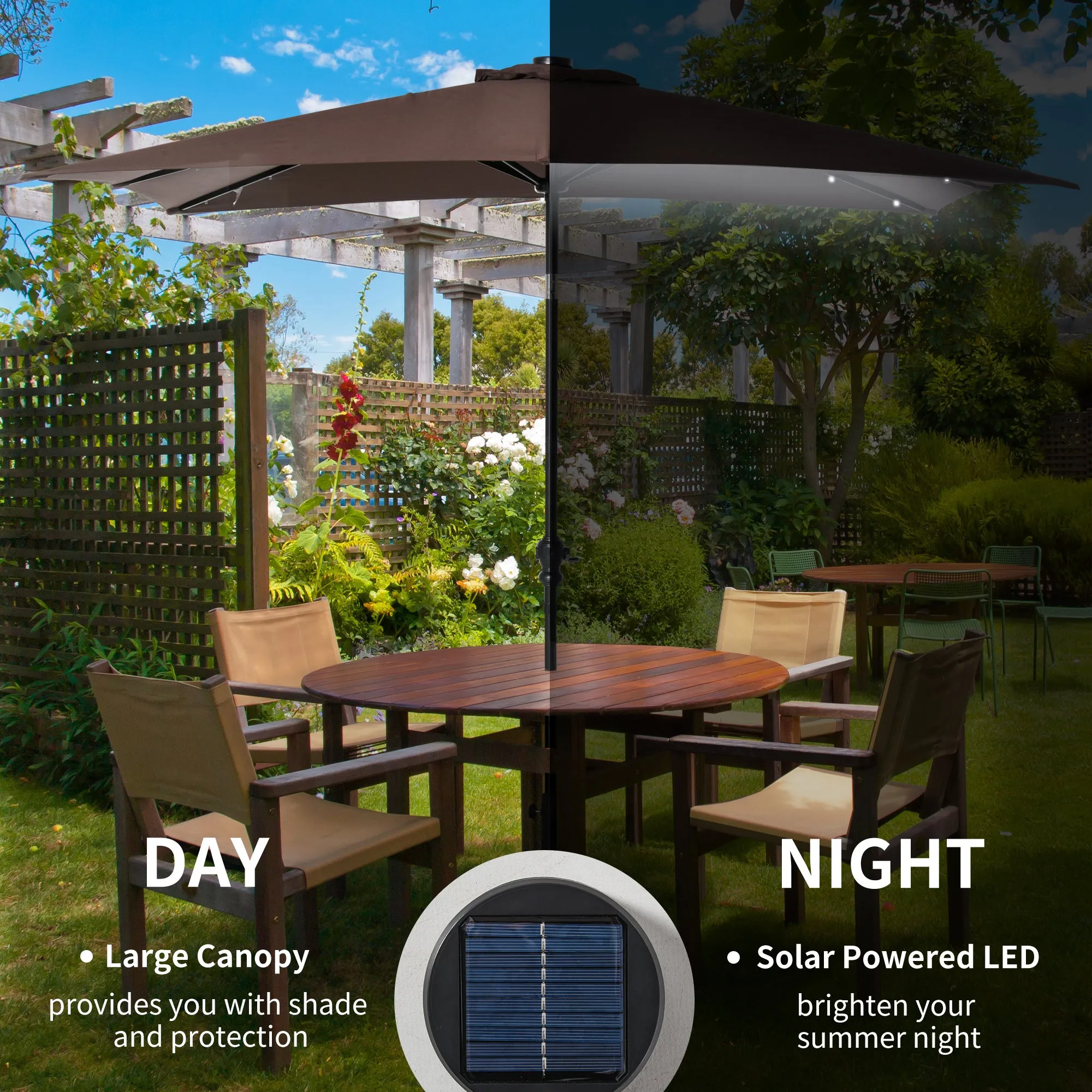 9' x 7' Solar Umbrella, LED Lighted, Tilt & Crank, for Outdoor, Garden, Deck, Brown