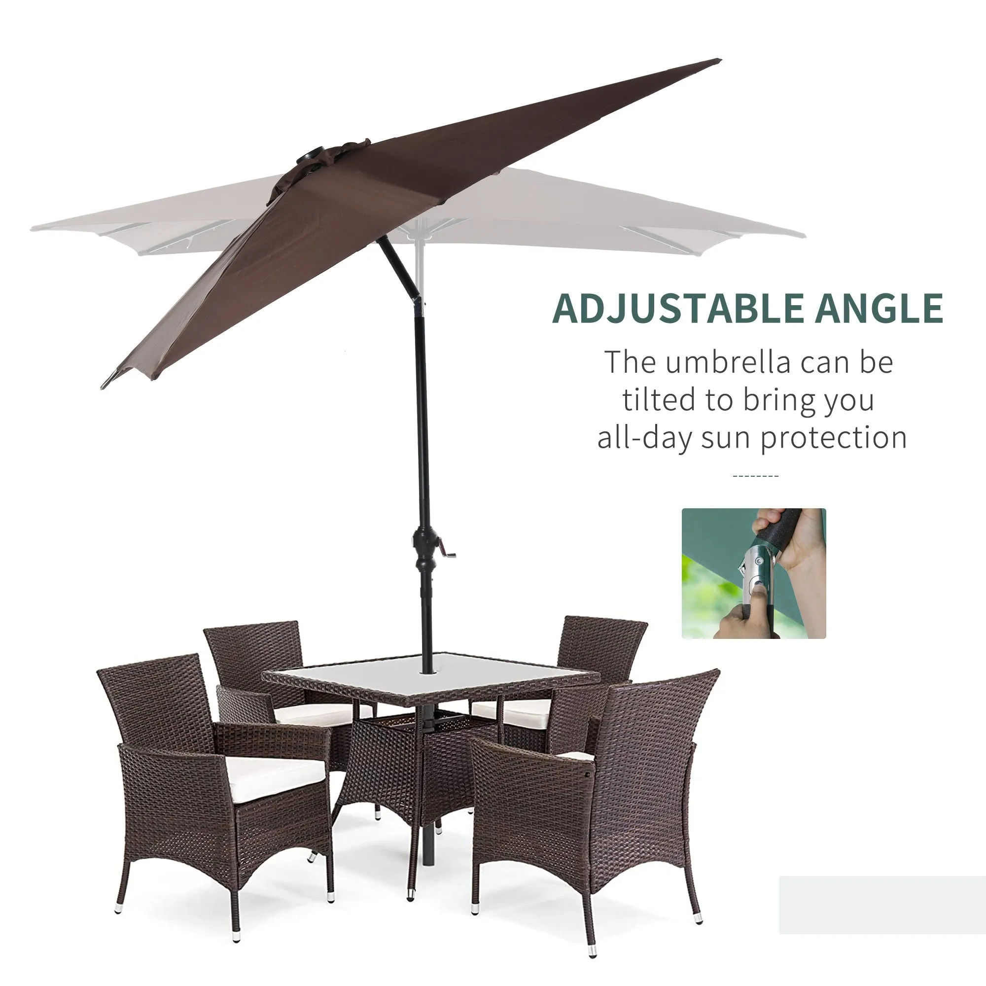 9' x 7' Solar Umbrella, LED Lighted, Tilt & Crank, for Outdoor, Garden, Deck, Brown
