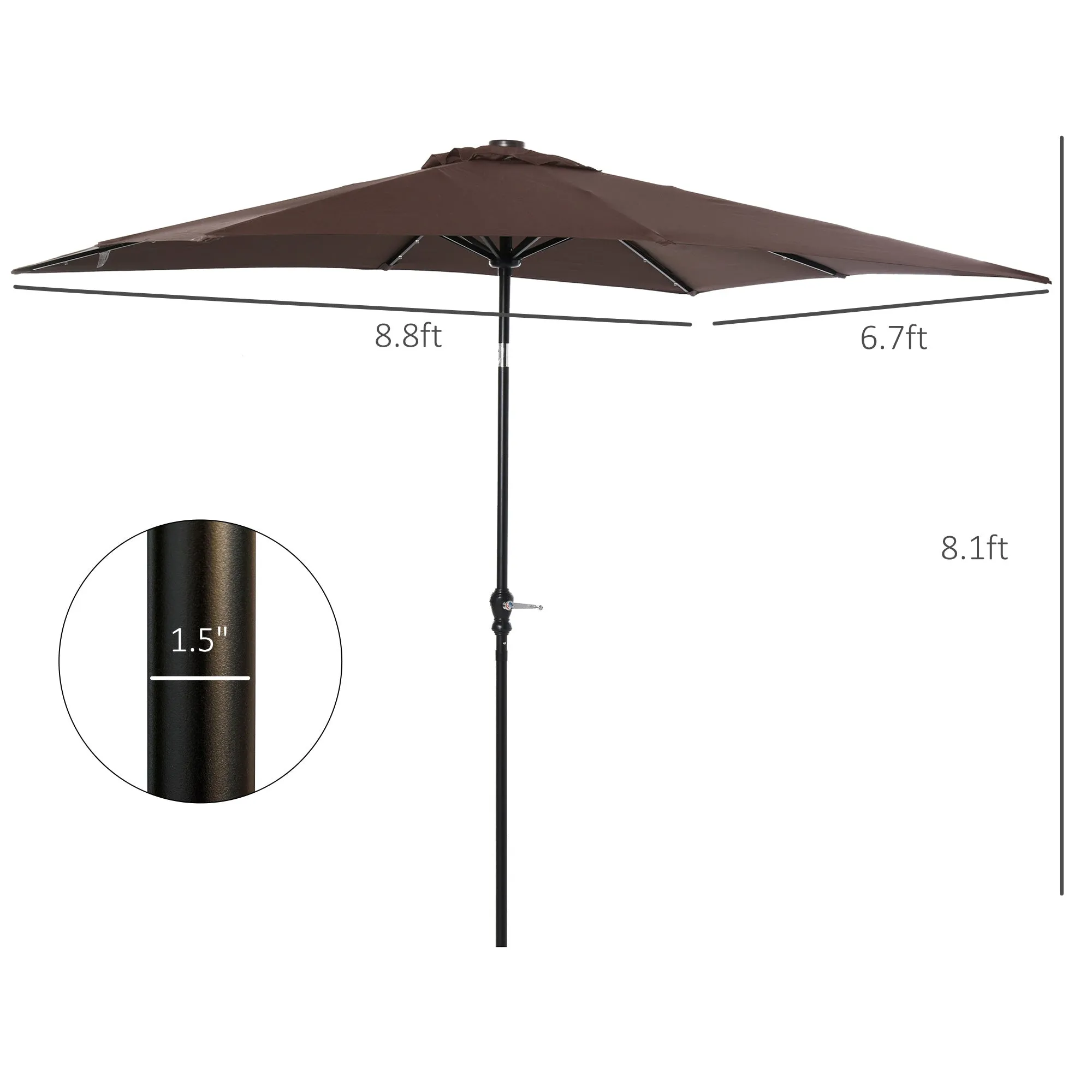 9' x 7' Solar Umbrella, LED Lighted, Tilt & Crank, for Outdoor, Garden, Deck, Brown