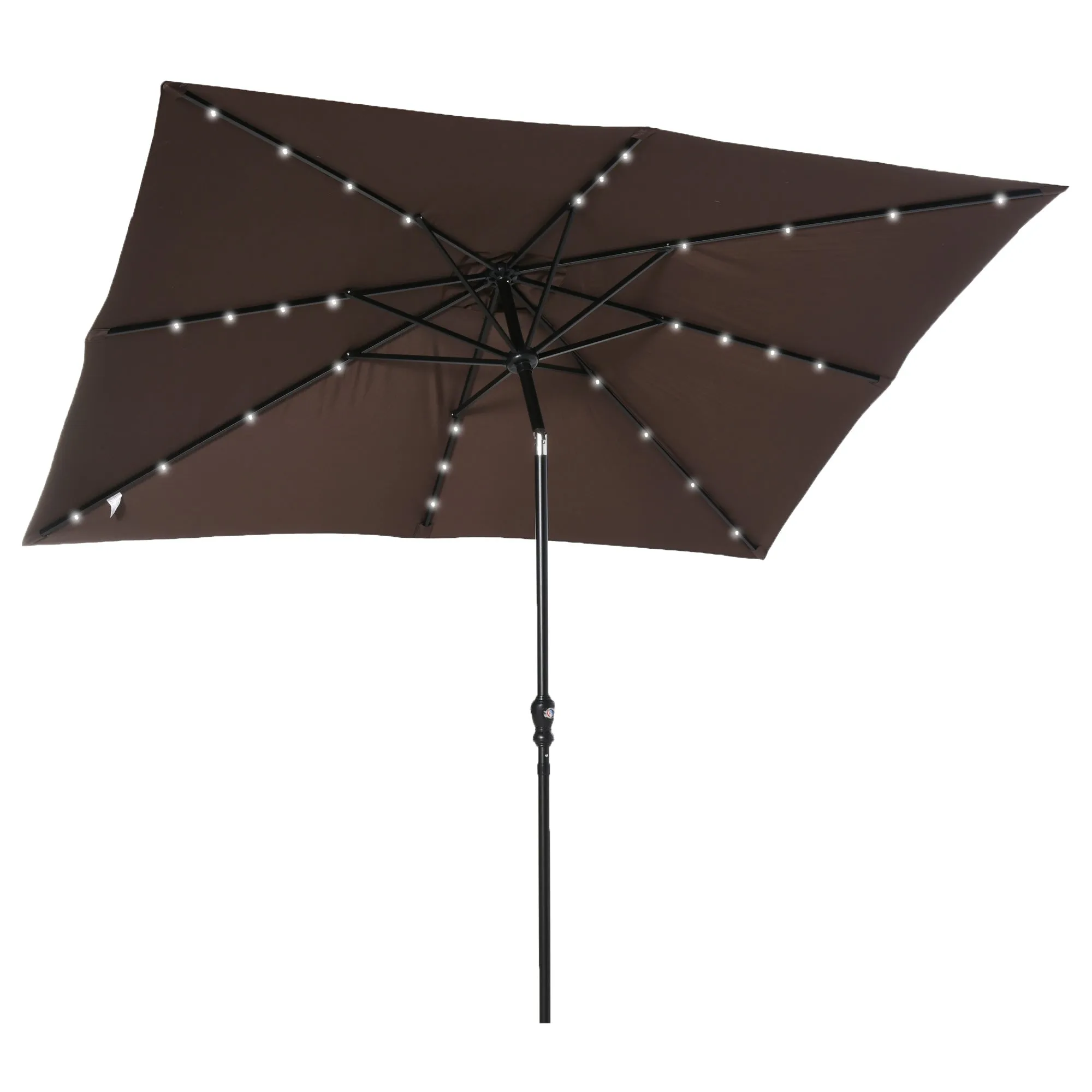 9' x 7' Solar Umbrella, LED Lighted, Tilt & Crank, for Outdoor, Garden, Deck, Brown