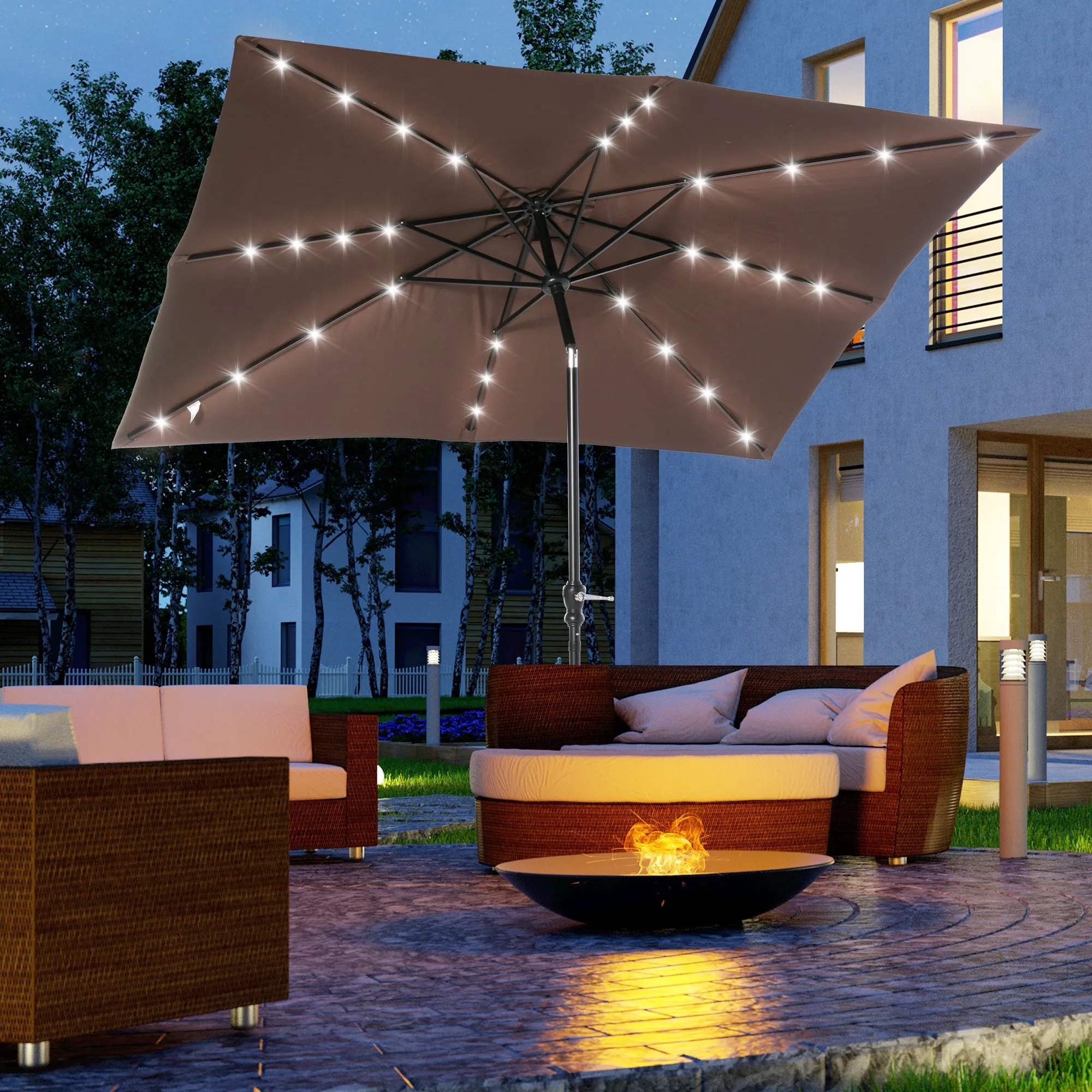 9' x 7' Solar Umbrella, LED Lighted, Tilt & Crank, for Outdoor, Garden, Deck, Brown