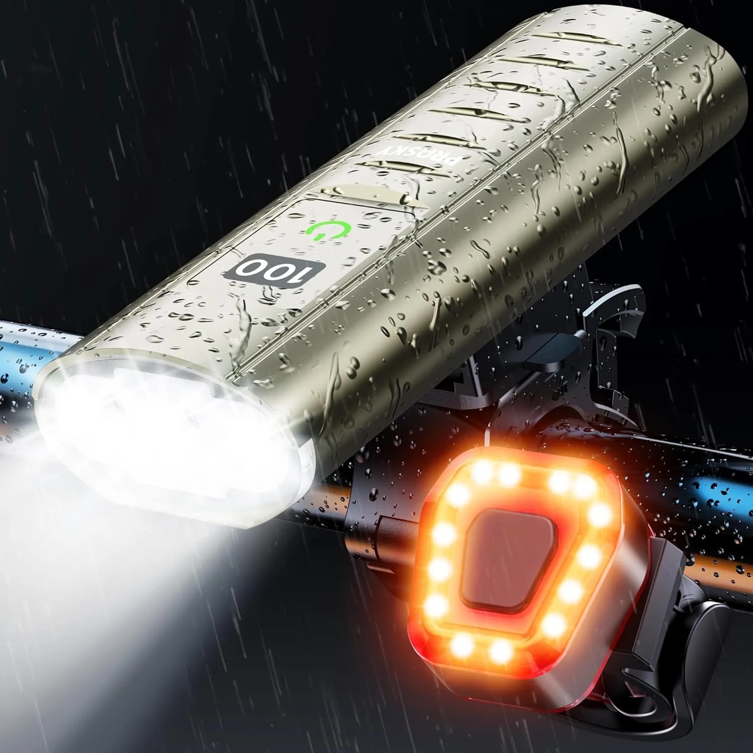 9000 Lumens Bike Light Set, Prasky Rechargeable Bicycle Lights Front and Rear, Super Bright LED Bike Headlight, IP65 Waterproof Multiple Modes Road Mountain Bike Lights for Night Riding