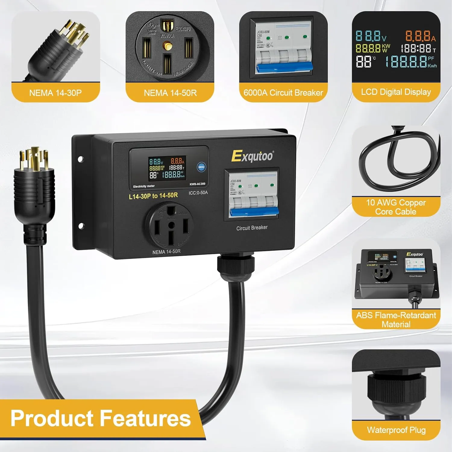 AC Power Meter, NEMA Conversion Outlet, 120/240 VAC NEMA L14-30P to NEMA 14-50R Outlet with Breaker & Voltmeter, LCD Digital Real-Time Display, Multifunction Monitor Outlet, Testers, 50 A