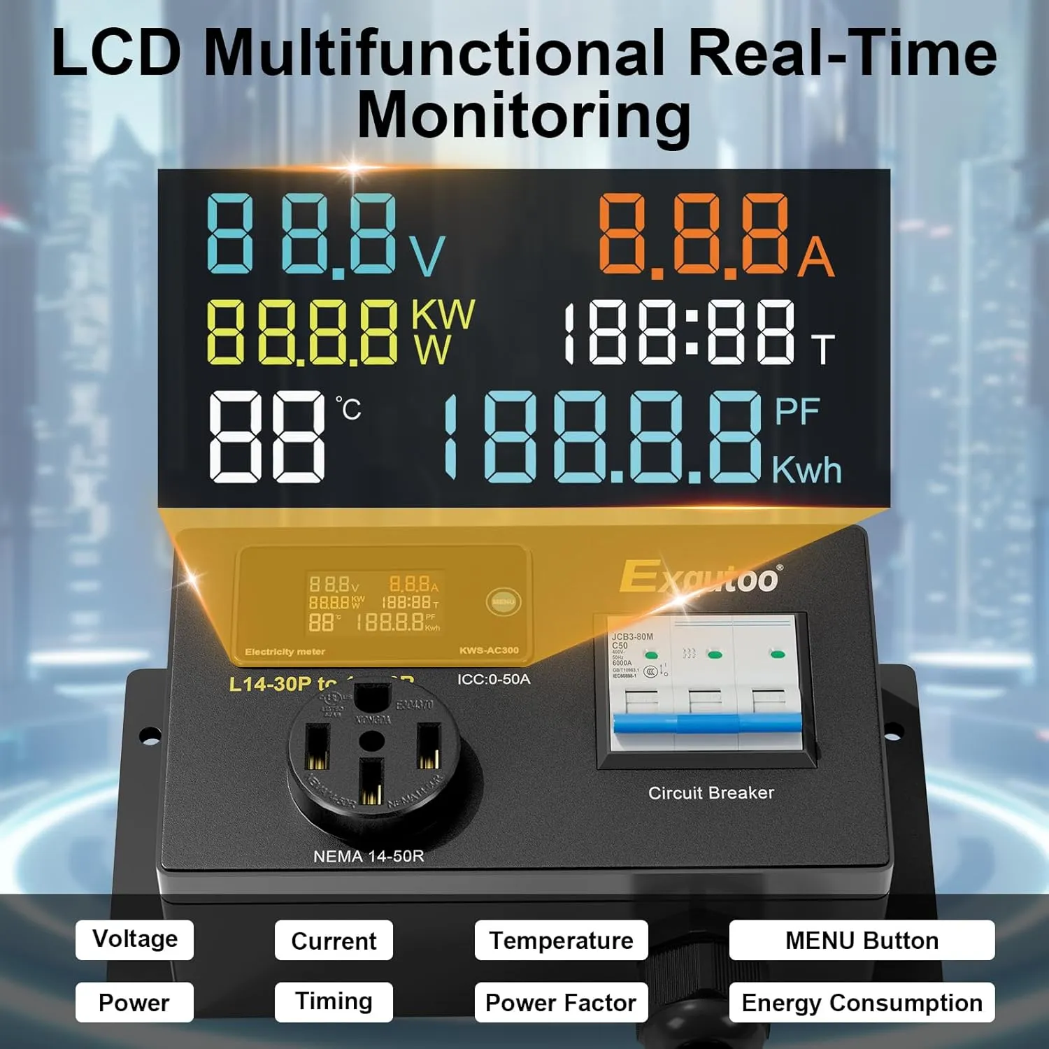 AC Power Meter, NEMA Conversion Outlet, 120/240 VAC NEMA L14-30P to NEMA 14-50R Outlet with Breaker & Voltmeter, LCD Digital Real-Time Display, Multifunction Monitor Outlet, Testers, 50 A