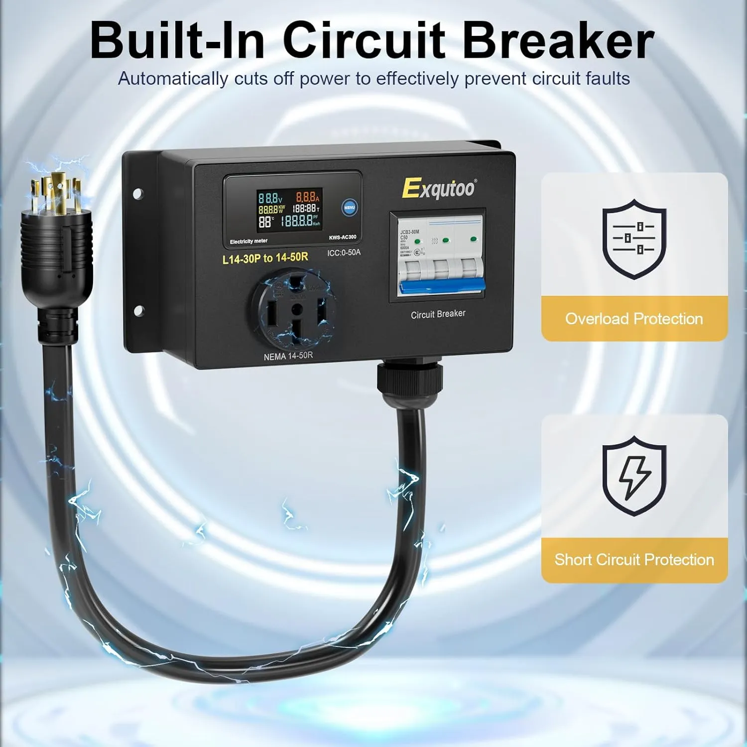 AC Power Meter, NEMA Conversion Outlet, 120/240 VAC NEMA L14-30P to NEMA 14-50R Outlet with Breaker & Voltmeter, LCD Digital Real-Time Display, Multifunction Monitor Outlet, Testers, 50 A